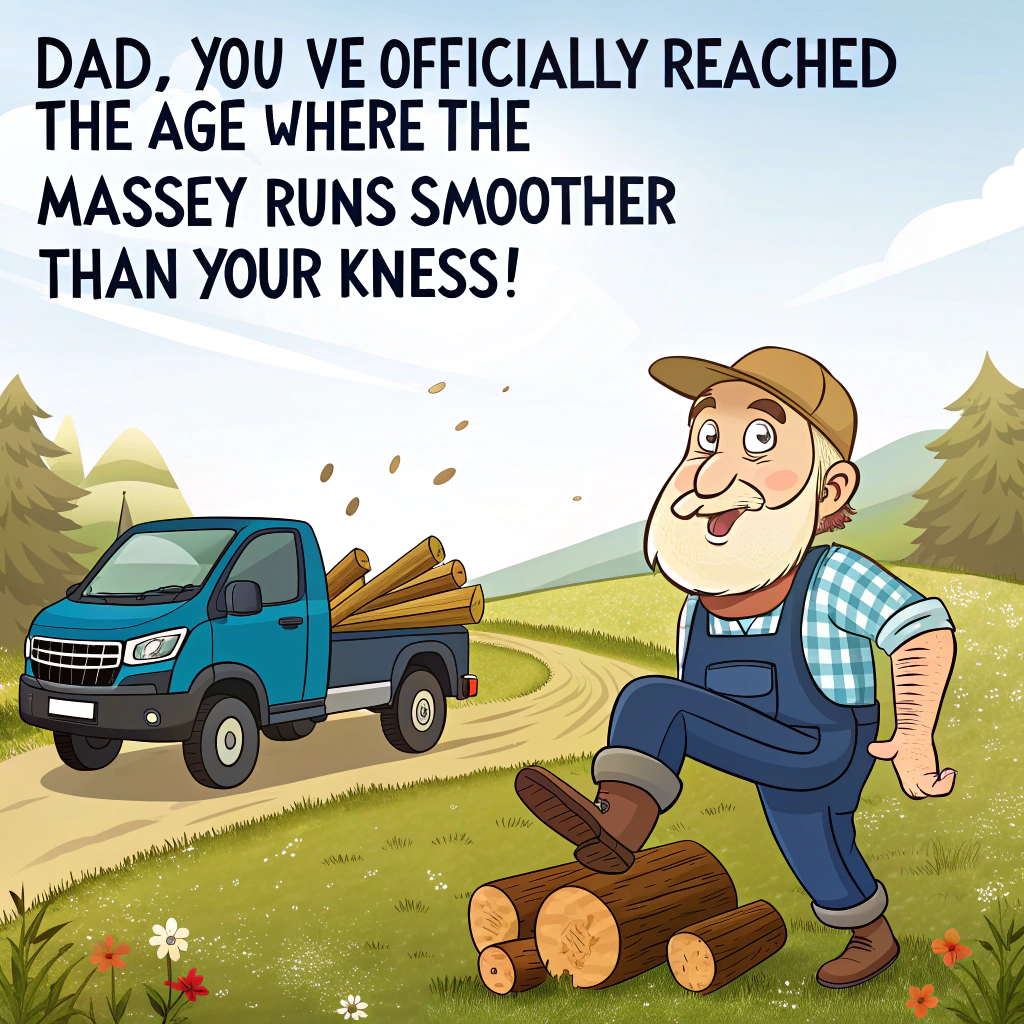 At the top of the image, "Dad, you’ve officially reached the age where the Massey runs smoother than your knees!"

- In the center of the image, illustrate a vibrant and humorous farmyard scene.  
  - A bright blue, slightly-too-small Isuzu delivery truck is parked crookedly at the base of a grassy hill, with logs tumbling out the back like it just couldn’t hold all the birthday excitement.  
  - Nearby, a proud cartoon Dad character is seated atop his well-loved, slightly dusty Massey Ferguson tractor, grinning as a cheeky highland cow (complete with a party hat) munches a slice of birthday cake instead of hay.  
  - A small wooden sign next to the firewood pile reads “Birthday Bundles – Aged to Perfection!”  
  - The background is dotted with rolling green hills and a herd of amused hill cows holding balloons in their mouths.  

- The color palette should be warm and natural with fun pops of cartoon-style birthday colors (like blues, reds, and yellows).  
- Overall vibe: country chaos meets birthday bash with tractor-sized humor!
Generated with these themes: Owns a firewood business, has a Massey Ferguson tractor, and a unique bright blue Isuzu delivery truck and a hill cow beef farm.
Made with ❤️ by AI.
