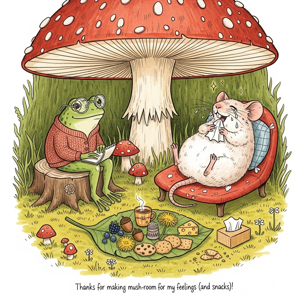 Hand-drawn illustration with fine linework and textured brush strokes, warm expressive color palette (moss greens, terracotta reds, honey golds, cream, soft blush), balanced composition. In a cozy woodland nook beneath a giant red-capped mushroom canopy, a gentle frog “therapist” in tiny wire glasses and a knitted cardigan sits on a stump with a notepad. Opposite, a round, soft rat reclines on a mushroom-capped chaise, clutching a tissue; glossy tear tracks show they’ve been crying, but they’re giggling now—rosy cheeks, sparkling eyes. Between them: leaf-plate snacks (berries, acorn tea in thimble cups, dandelion cookies, a small wedge of cheese, cracker crumbs) and a little tissue box. Dappled golden light, soft mossy floor, tiny wildflowers and scattered mini mushrooms; whimsical, cute, comforting vibes. Gentle hatching and watercolor-like washes; full, airy negative space near the bottom for a small caption. Include small hand-lettered text at the bottom: “Thanks for making mush-room for my feelings (and snacks)!”
Generated with these themes: Rat, Frog, Mushroom, Therapy, Giggling , Snacks , Crying , and .
Made with ❤️ by AI.