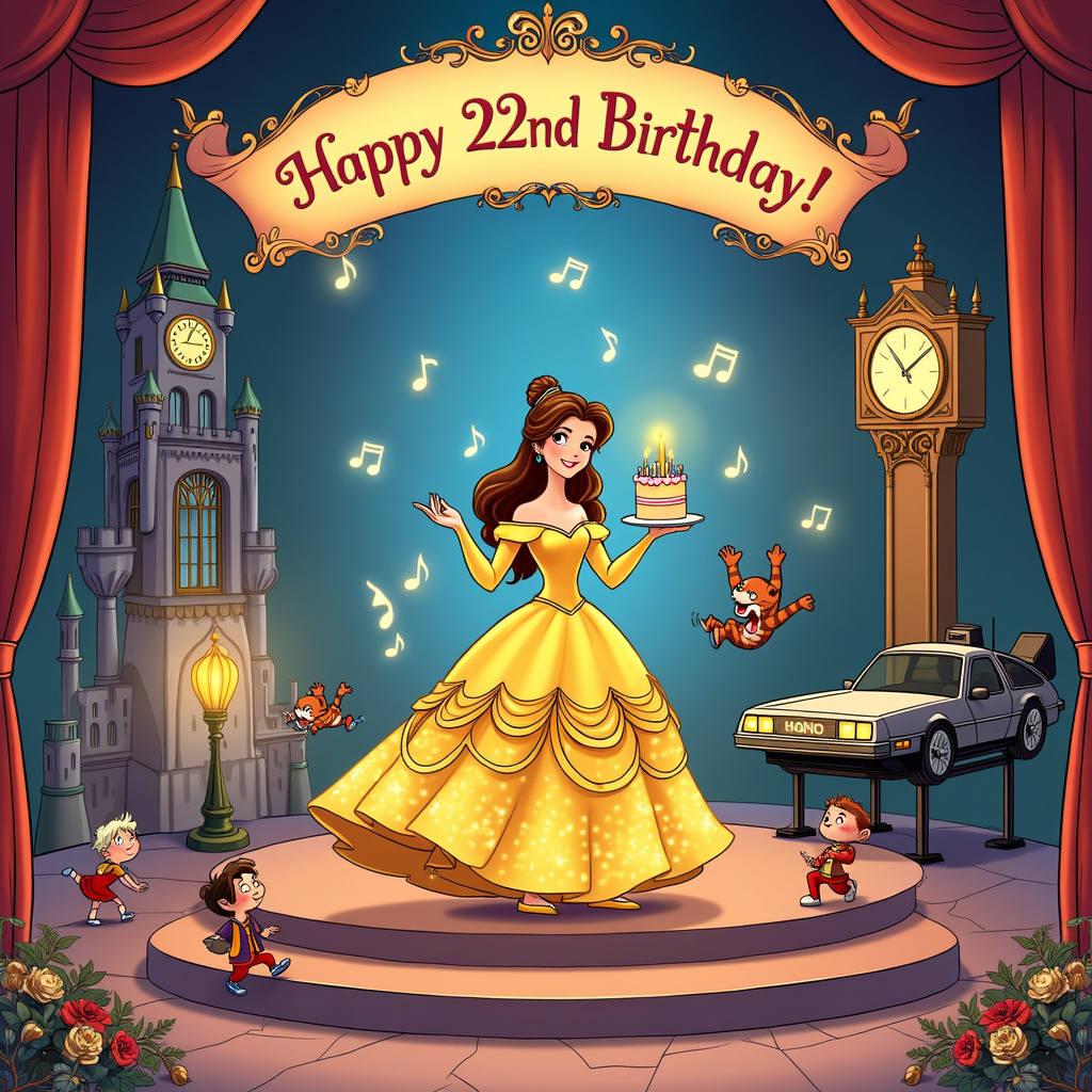 Musical theatre, 22, Cake, Belle, and Back to the future Birthday Card