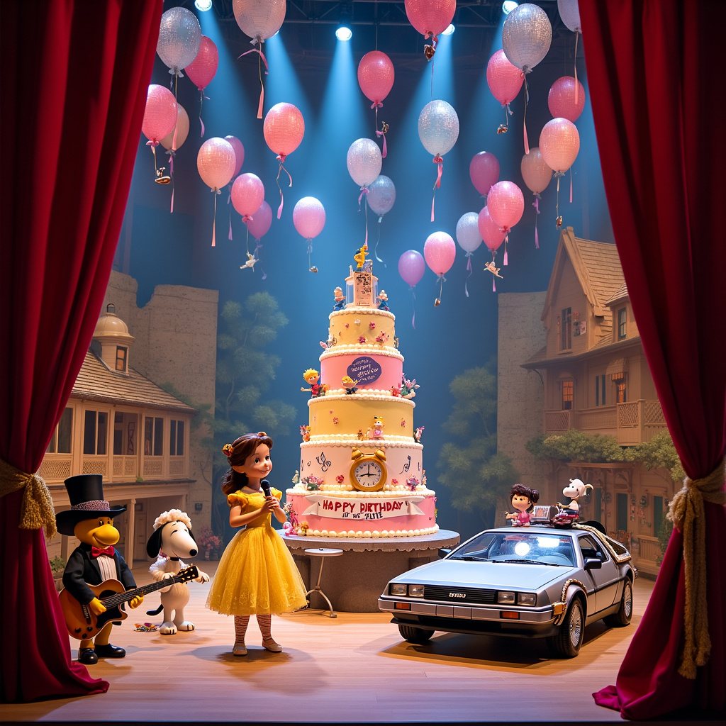 Picture a vibrant stage set for a whimsical birthday musical titled "Belle's Time-Traveling Cake Adventure." The stage, with its deep-red velvet curtains drawn back, reveals a lively scene filled with animated details. 

Front and center is Belle, from "Beauty and the Beast," dressed in a 1950s poodle skirt and saddle shoes, holding a microphone as if she’s about to belt out a show-stopping number. She is standing next to a glimmering DeLorean from "Back to the Future," complete with the iconic gull-wing doors and a birthday banner draped across the hood that reads "Happy 22nd Birthday!"

Behind Belle, the stage backdrop is a split scene. On the left, there is a picturesque 18th-century French village, reminiscent of Belle’s hometown, with quaint cottages and cobblestone streets. On the right, the scene morphs into a futuristic cityscape with flying cars, towering skyscrapers, and neon lights inspired by the aesthetics of "Back to the Future."

In the foreground, a colossal, multi-tiered birthday cake takes center stage. It’s a whimsical masterpiece, with layers decorated to reflect the merging themes: one layer has musical notes and sheet music for "Be Our Guest," while another features a clock face set to 10:04 (a nod to the time-traveling clock tower scene from "Back to the Future"). The top layer showcases miniature figurines of Belle and Marty McFly, each holding a piece of the cake.

Around the cake, an ensemble of lively cartoon characters inspired by Charles Schulz's Peanuts, but dressed in elaborate Broadway costumes, are dancing and celebrating. Snoopy, for instance, is in a tuxedo and top hat, playing a grand piano off to the side, while Woodstock, dressed as a mini Marty McFly, strums a tiny electric guitar. 

In the background, larger-than-life LED screens display scenes from "Back to the Future," blending seamlessly with Belle's enchanting village, creating a dynamic, visually stunning set.

Floating above the entire scene are colorful, helium-filled balloons with musical notes and the number "22" prominently displayed. Streamers and confetti rain down, adding to the festive atmosphere.

Every detail of the scene is intricately designed, from the texture of Belle’s dress to the chrome finish on the DeLorean, ensuring a vivid, captivating birthday card cover that tells a unique and unforgettable story.
Generated with these themes: Musical theatre, 22, Cake, Belle, and Back to the future .
Made with ❤️ by AI.