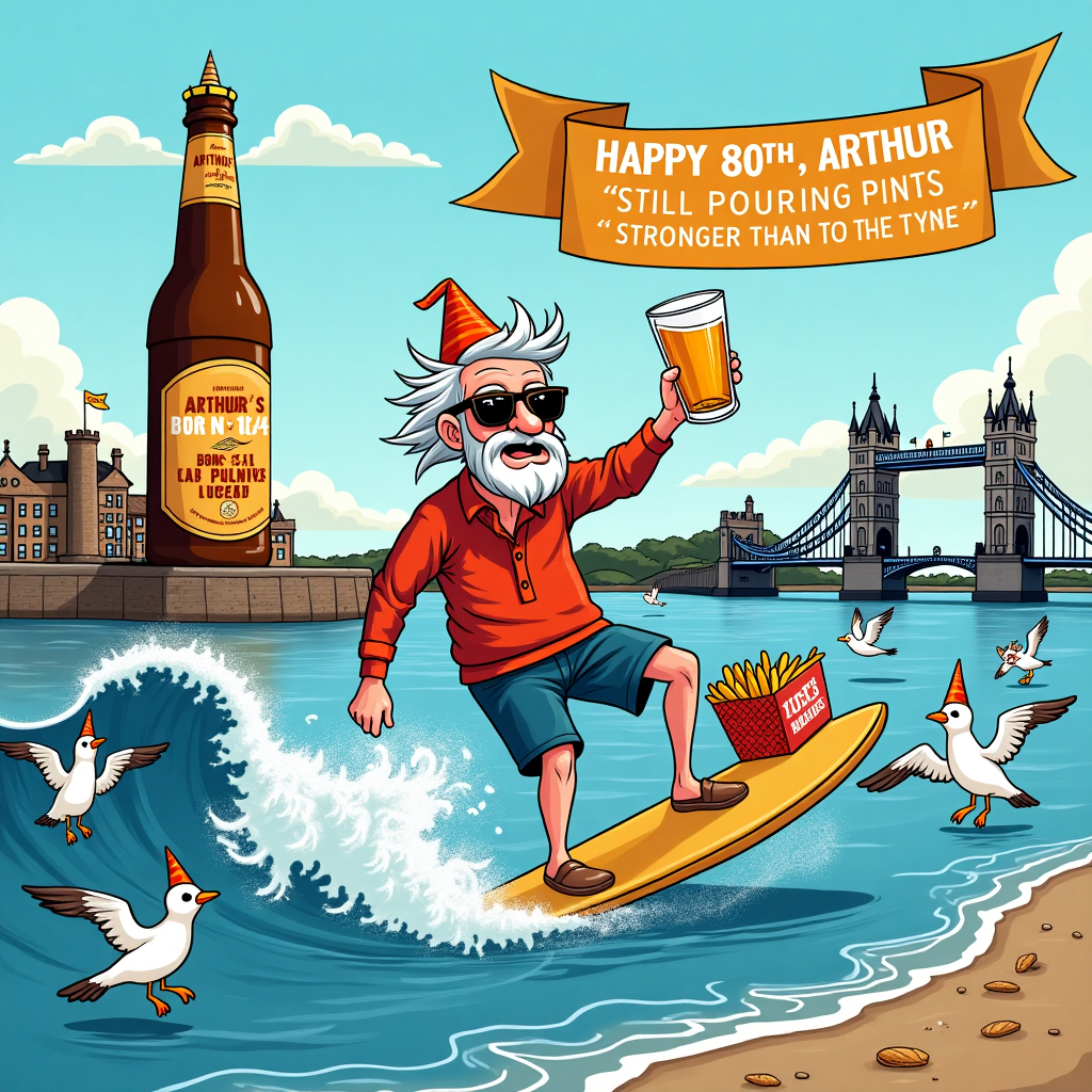 **Prompt for Illustration Image:**

*At the top of the illustration image: "Happy 80th, Arthur — Still Pouring Pints Stronger Than the Tyne!"*

An illustrated seaside scene blending classic landmarks from Whitley Bay and Tynemouth: St. Mary's Lighthouse leans slightly, holding a party hat, while Tynemouth Castle wears sunglasses and blows a party blower. In the centre, a cartoon version of Arthur — an elderly Geordie gent with windswept grey hair and a wild party shirt — is balancing on a surfboard made from a giant beer bottle labelled "Newcastle Brewed, Aged to Perfection".

He's surfing a foamy wave made entirely of beer, while clutching a large glass of single malt whisky triumphantly in one hand and a bag of fish and chips in the other. Nearby, a squad of jubilant seagulls wear party hats and sunglasses, diving toward the chips and raising tiny "Cheers" flags.  

Behind him, a stylised skyline shows Newcastle’s Tyne Bridge decked out with a huge glittery banner: “Born in ’44 — Distilled for Greatness”. In the background, bar signs flash: “Arthur’s Local”, “Still Pulling Pints!”, and “81-Proof Legend”.

Bright, cheeky, and buzzing with coastal Geordie charm.
Generated with these themes: Newcastle, Beer, Whitley Bay, Tynemouth, 80, and Single Malt Whisky.
Made with ❤️ by AI.