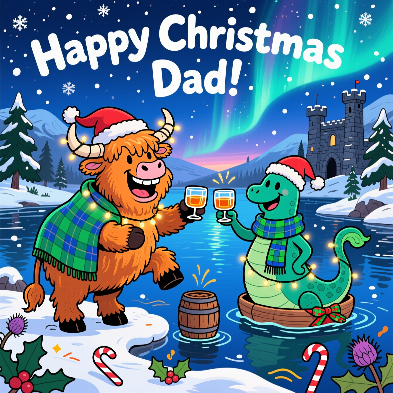 At the top of the Cartoon Style image, Happy Christmas Dad!

Playful cartoon characters with exaggerated proportions, thick outlines, bright saturated colors, and whimsical, energetic poses. A snowy Scottish Highlands scene beside a shimmering loch at twilight. Center stage: a chunky, shaggy ginger Highland cow on its hind legs with a huge goofy grin, wearing a green-and-blue tartan blanket and a Santa hat, horns wrapped in twinkly fairy lights, hooves clasping a tiny Glencairn glass of amber Scotch whisky (no labels). From the loch, a friendly teal-green Nessie pops up in three cheerful humps, each draped with fairy lights; Nessie wears a matching green-and-blue tartan scarf and a bobbly Santa hat, balancing a second dram on her curled tail as they clink a toast. A small wooden whisky barrel bobs like a float between them with a festive tartan ribbon (no text). Background: snowy pines and a rugged stone castle silhouette; the aurora and stars glow in a deep blue sky; gentle snowflakes fall, some subtly thistle-shaped. Foreground sprinkles of holly and candy canes; playful motion lines and sparkles around the characters. Palette: saturated tartan greens and blues, warm amber highlights from the whisky, ginger fur, teal water and Nessie; bold black outlines with soft cel shading. Composition: large, lively characters filling the frame; top text arched in fun hand-lettering (white with a dark outline), integrated into the sky.

Add a small cheeky caption at the bottom on a ribbon banner that reads: Have a dram good Christmas!

Include only the following text: “Happy Christmas Dad!” and “Have a dram good Christmas!”. No other text, brands, or watermarks. Bright Cartoon Style, full-bleed, no borders, no photorealism.
Generated with these themes: Scotch Whisky, Green and blue tartan, Nessie, Highland cow, Scotland, and .
Made with ❤️ by AI.