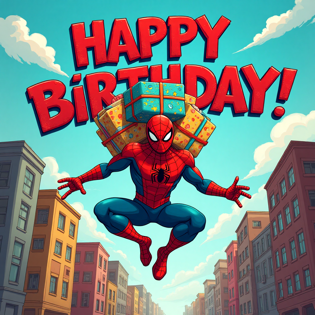 **Image Prompt:**

Picture a lively and humorous comic-book style scene featuring Spider-Man in the midst of a birthday adventure. Spider-Man, with his iconic red and blue costume, is mid-air, web-swinging through a colorful cityscape. The buildings below him are comically leaning and vibrantly colored, adding to the dynamic and playful mood. Above him, the sky is a clear, cheerful blue, with a few fluffy clouds shaped like birthday cakes.

To add a sprinkle of fun, Spider-Man is balancing a massive stack of birthday presents tied with webs, looking both heroic and a bit comically overburdened. Each present is wrapped in brightly colored paper with patterns of balloons, stars, and little spiders.

In large, distressed red lettering, cleverly integrated into the cityscape, are the words "HAPPY BIRTHDAY!" The letters appear as if they're part of the skyline, blending seamlessly with the buildings but in a vibrant, eye-catching manner. This bold text serves as both a celebratory shout-out and a playful visual element.

The overall atmosphere is light-hearted and jubilant, perfect for a birthday greeting that combines superhero action with a sense of humor.
Generated with these themes: SPIDERMAN, and .
Made with ❤️ by AI.
