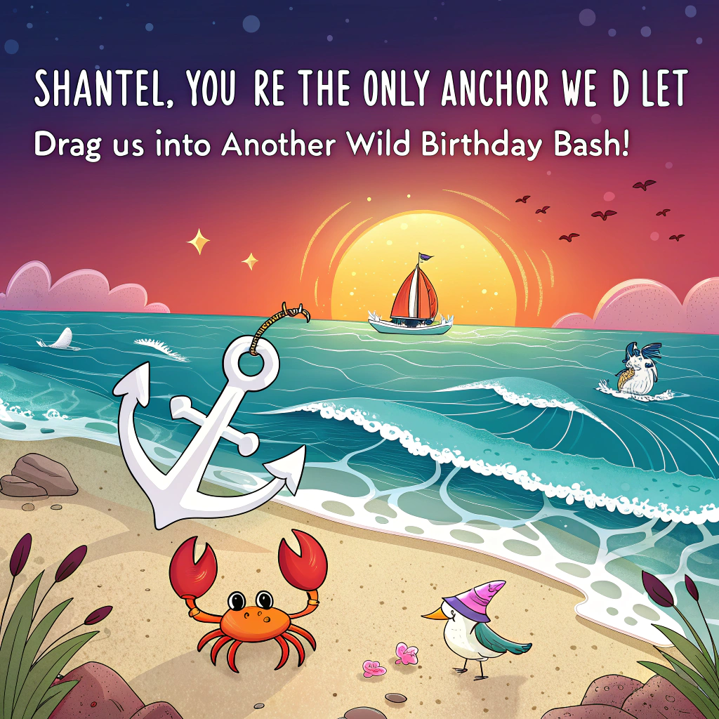 At the top of the image, "Shantel, you’re the only anchor we’d let drag us into another wild birthday bash!"  

- In the center of the image, illustrate a stunning, cartoon-style ocean landscape under a vibrant sunset—waves shimmering, seagulls in mid-squawk, and a bold white anchor planted dramatically in the sand like it's claiming the beach for party land.  
- Add small funny details: a cheeky crab wearing a birthday hat doing the conga, a bottle of bubbly bobbing in the waves, and a seal blowing a party horn.  
- Floating just above the anchor in whimsical, bubbly lettering: “Happy Birthday Shantel” – with glittery sea foam embellishing each word.
Generated with these themes: A beautiful ocean landscape with a white anchor as the centerpiece and the wording “Happy Birthday Shantel”.
Made with ❤️ by AI.