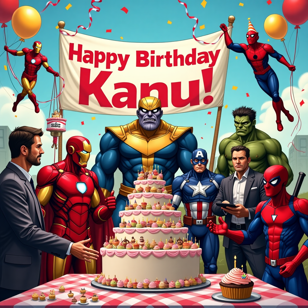 The front cover of this birthday greeting card unfolds a bustling, humorous superhero birthday bash for Kanu. Picture this: in the foreground, Iron Man and Thor are comically tangled in party streamers, Thor accidentally using his hammer to bat balloons into the air, while Iron Man's repulsor beam inadvertently lights up the birthday candles on a gigantic cake. At the center of the cake, the words "Happy Birthday Kanu!" are emblazoned in colorful icing, surrounded by frosting shaped like mini lightning bolts and arc reactors. To the right, the Hulk, in an apron that humorously reads "Hulk Smash Cake!", is delicately balancing a towering stack of cupcakes, each one topped with tiny superhero action figures. In the background, Flash is depicted as a blur zipping around, tying up a gigantic banner that reads "Happy Birthday Kanu" with incredible speed, while Captain America and Black Panther are seen politely applauding. Spiderman, hanging upside down from a thread of his web, is carefully adding the finishing touches to the banner with his webbing. Deadpool, true to his nature, is photobombing the scene with a ridiculous pose next to Wolverine, who is using his claws to slice through a piñata shaped like Thanos's gauntlet, causing a cascade of candy to rain down. Thanos, with a comically exaggerated grumpy face, is reluctantly wearing a party hat as he presents Kanu with a shiny wrapped gift. The sky is filled with colorful confetti and clouds, one of which whimsically spells out "Kanu" in a soft, fluffy script. The scene is a delightful jumble of superhero antics, ensuring Kanu's birthday is celebrated in a truly unforgettable and hilariously chaotic manner.
Generated with these themes: Iron man, thor, flash, hulk, spiderman, deadpool, black panther, captain american, woolverine, thanos wishing Kanu happy birthday, Single characters, Characters have same proportions, Name on cake, and Name on banner.
Made with ❤️ by AI.