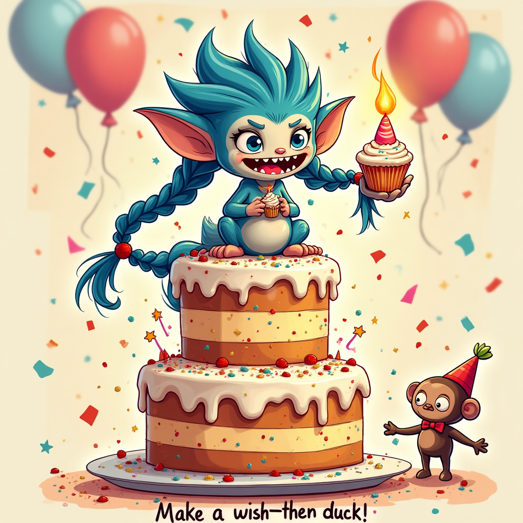 At the top of the Illustration Style image, Happy Birthday Graham

A funny, hand-drawn illustration inspired by Jinx from Arcane: a mischievous blue-haired chaos gremlin with extra-long braids and a wide, impish grin, precariously perched atop a towering, frosting-dripping birthday cake that doubles as a confetti cannon. She’s holding a cupcake with a candle-fuse about to fizz, while her shark-faced “party rocket” (wearing a tiny cone hat and tied with a big bow) leans against the cake. The “explosions” are playful—bursts of glitter, confetti, neon stars and hearts—no fire or smoke, just celebratory chaos. Streamers whip through the air, balloons bob around, and a cymbal-monkey toy in a party hat claps glitter. Background hints of whimsical Zaun-like pipes and posters, softly blurred to keep focus on the character and cake. Warm, expressive color palette (peach, coral, honey yellow) with lively pops of electric cyan and magenta. Fine linework, cross-hatched shading, textured brush strokes over a subtle paper grain; balanced composition with breathing room around the headline. Soft candlelight glow on her face; upbeat, cheeky mood.

At the bottom in a small, handwritten caption: “Make a wish—then duck!”
Generated with these themes: Jinx arcane, and .
Made with ❤️ by AI.