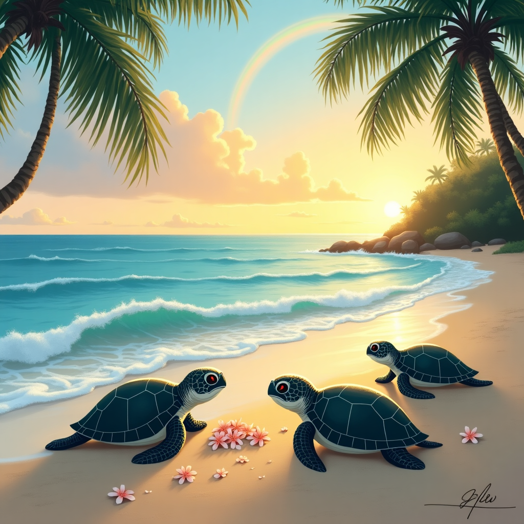 At the top of the illustration image, “Shell we remember, The Georges?”

Illustration prompt:  
A solemn, softly lit beach scene at dusk with gentle waves lapping the shore. A small group of Hawaiian sea turtles sits in the sand facing the ocean, their heads slightly bowed in reverence. One turtle places a single plumeria flower into the water, while others watch quietly. The sky glows with a golden-orange hue, hinting at the day's end, and palm fronds sway gently overhead. A distant rainbow arches faintly in the background, adding a subtle sense of peace and connection. The entire illustration should be painted in soft, calming tones with tender detail, conveying a gentle mood of remembrance and comfort.
Generated with these themes: Hawaiian turtles, and Beach.
Made with ❤️ by AI.