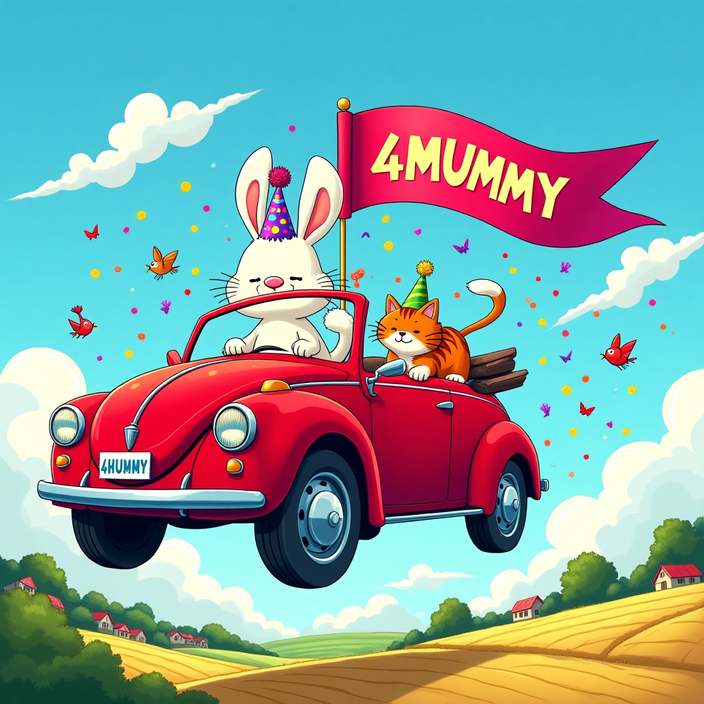 Imagine a vibrant, cartoon-style birthday scene bursting with dynamic details and cheerful chaos. The focal point is a bright red, open-top convertible soaring through a clear blue sky, adorned with fluffy white clouds. The convertible is a classic, with exaggeratedly large wheels and a shiny, glossy finish that gleams in the sunlight. The license plate humorously reads “4MUMMY.”

In the driver’s seat, the white lop-eared fluffy bunny sports an oversized, polka-dotted blue and yellow birthday hat that slightly droops over one eye, giving it an endearing look. Its ears flap wildly in the wind, adding a sense of motion and adventure.

Next to the bunny, the ragdoll cat sits comfortably, wearing a striped purple and pink birthday hat. The cat's fur is beautifully rendered, with intricate patterns of cream and brown. Its tail is whimsically sticking out of the side of the car, fluttering like a ribbon in the breeze.

Sharing the backseat with an air of exuberant mischief is a ginger cat, its fur a vibrant orange with subtle stripes. This feline is decked out in a green birthday hat with a sparkling golden tassel on top. Its paws are playfully outstretched, trying to catch a stream of colorful confetti that swirls around the car.

A large, playful banner unfurls from the back of the car, fluttering dramatically as it reads “MUMMY” in bold, bubblegum-pink letters. This banner dances behind the car, catching the eye amidst the whimsical spectacle.

In the background, cartoon birds join the celebration, hovering around the car with tiny party hats of their own. The landscape below is a patchwork of fields in varying shades of green and gold, dotted with tiny houses, creating a dreamlike vista that captures the boundless joy and imagination of the scene.

This cover takes cues from the stylized, expressive lines of Charles Schulz, with the bright, bold colors and whimsical character design reminiscent of Bill Watterson's work, infused with the dynamic motion and humor found in Gary Larson's cartoons.
Generated with these themes: White lop ear fluffy bunny, Ragdoll cat, Ginger cat, All flying in an open top red car, and Wearing birthday hats.
Made with ❤️ by AI.