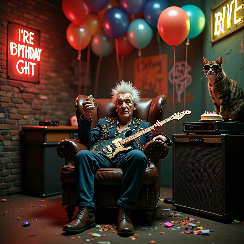 **Prompt:**  
At the top of the realistic photograph image, "Grunge, Grit & Getting Old – Rock on, Daquri!"  

A hyper-realistic photograph of a dimly lit, dive bar-style birthday scene with peeling brick walls, neon beer signs, and a moody atmosphere. A worn leather armchair sits in the middle of the room, where an elderly punk rocker with a wrinkled face, spiked grey mohawk, and studded jacket lounges proudly while holding a slice of cake in one hand and a broken guitar in the other. Around them, birthday balloons hang deflated and duct-taped to graffiti-covered walls, and a vintage record player blares while an unimpressed cat wearing sunglasses watches from atop an old amp. Crumbs, confetti, and anarchy abound in glorious birthday disarray.
Generated with these themes: Grunge.
Made with ❤️ by AI.