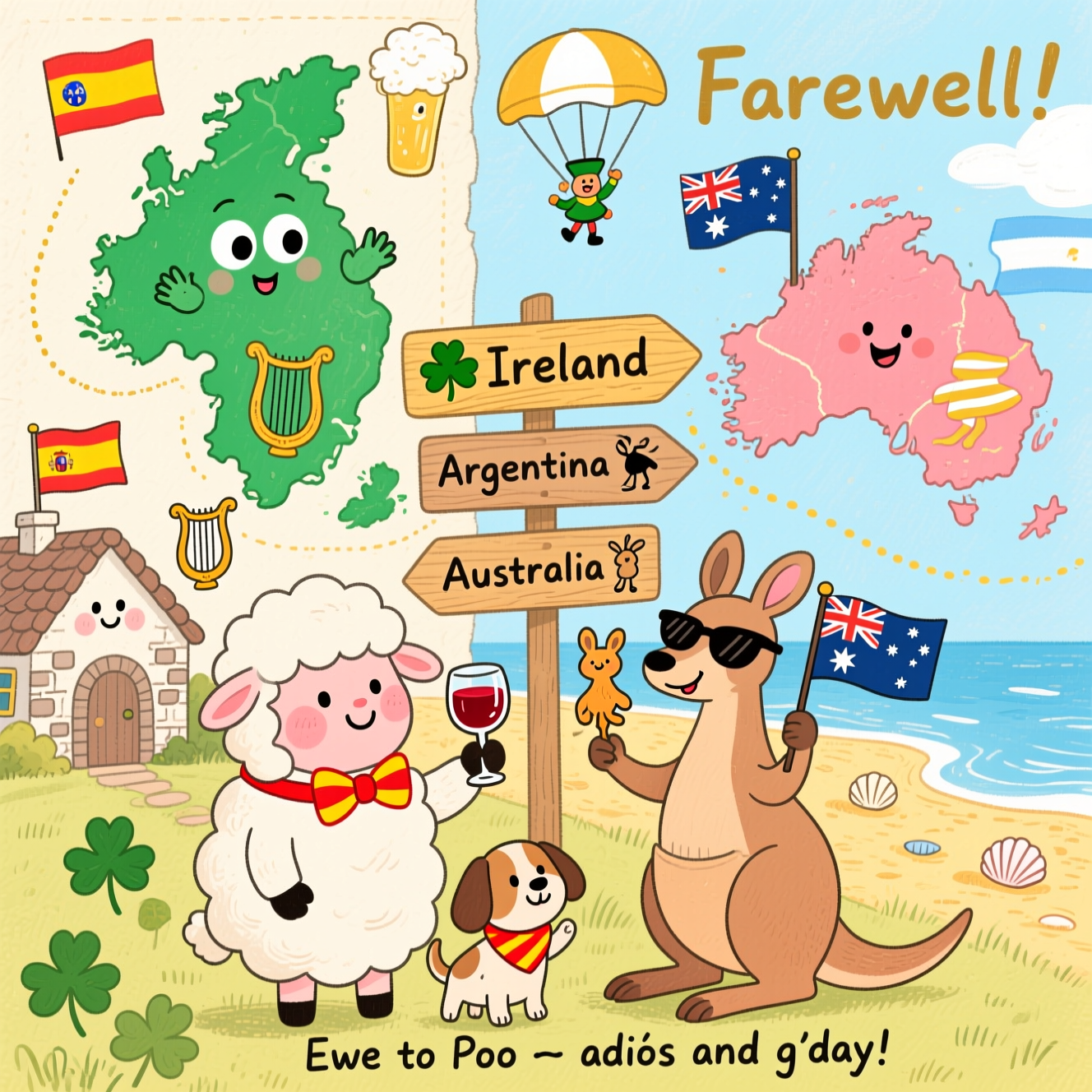 Cute farewell, hand-drawn illustration with fine linework and textured watercolor–gouache brushstrokes, warm expressive palette (emerald clover greens, sunny golds, ocean blues, coral pinks), soft paper grain, balanced, storybook-cute composition. Foreground: a cheerful Irish sheep with rosy cheeks and a red-and-yellow bowtie clinks a glass of red wine with a happy kangaroo in sunglasses; the kangaroo holds a small Australian flag in the other paw. Between them, a quirky wooden signpost with three arrows: “Ireland” (tiny shamrock icon), “Argentina” (little tango dancer doodle), and “Australia” (bouncing roo icon). At their feet, a small playful dog wearing a red–yellow bandana (Spanish colors), tail wagging. Midground/Background: left side, an adorable cartoon map of Ireland with big friendly eyes, waving goodbye; a patch of shamrocks and a tiny harp drawn on it; nearby a cozy cobblestone cottage with an Irish flag fluttering. Far left, a cute smiling map of Spain with big eyes, waving a small Spain flag; faint dotted travel lines arc from Spain and from Ireland across the scene. Right side, a smiling cartoon map of Australia sunbathing on a towel under a beach umbrella, sunglasses on, happy face; seashells dot a golden sandy beach; an Australian flag flaps by the shore; the dotted lines converge toward Australia. Sky: fluffy clouds shaped like Guinness foam spell out the word “Farewell!” while tiny leprechauns gently parachute down using eucalyptus leaves as parachutes. Lots of charming micro-details, warm light, soft shadows, gentle vignetting. Small hand-lettered caption at the bottom in playful bouncy script: Ewe to Roo — adiós and g’day!
Generated with these themes: .
Made with ❤️ by AI.