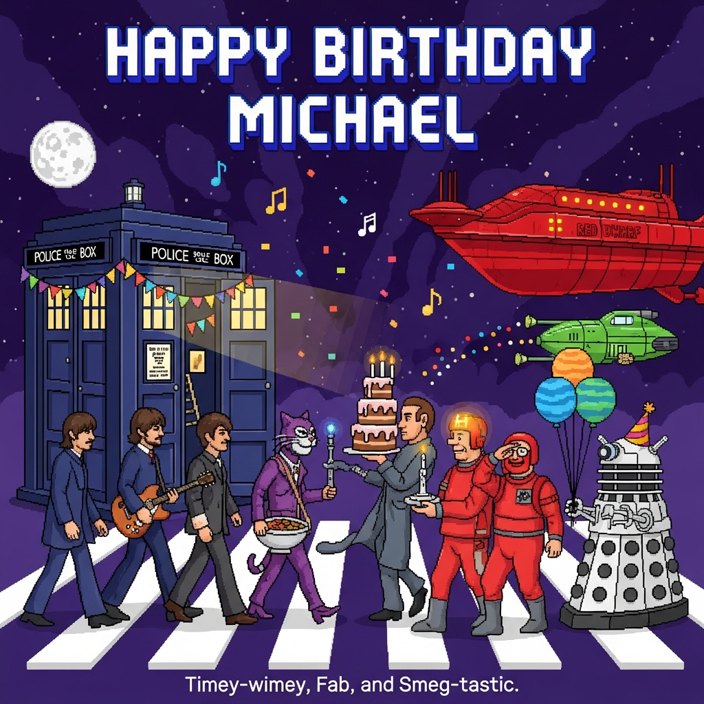 At the top of the Pixel Art Style image, "Happy Birthday Michael" in big blocky 8-bit letters, white with a cobalt-blue drop shadow.

Crisp 8-bit pixel art, portrait orientation, vibrant limited 16-color palette, chunky square pixels, subtle dithering, nostalgic video-game charm. Scene: An Abbey Road-style zebra crossing floats in outer space. On the left, the Doctor’s blue police box (TARDIS) is parked like a curbside booth; doors ajar with warm golden light and party bunting, hinting it’s “bigger on the inside.” On the crossing, a playful mash-up procession: four Beatles-style figures in sharp 60s suits stride single-file across the stripes, while the Red Dwarf crew weave among them—Lister ambles with a curry tub and a battered guitar slung over his shoulder, The Cat struts and preens in a flashy zoot suit, Kryten carefully presents a tall pixel cake with flickering candle flames (lighting them with a sonic screwdriver), and Rimmer (with a glowing H on his forehead) gives a stiff, self-important salute. On the right, a cheerful Dalek wears a cone party hat and clutches planet-shaped balloons; behind it, the colossal red Red Dwarf ship looms with tiny lit windows, and the green Starbug zips by leaving a dotted pixel contrail. Background: deep indigo-to-purple starfield, big pixel moon, floating musical notes and confetti, soft glow around the candles and the TARDIS doorway. Clean outlines, bold shapes, no gradients beyond simple pixel dithering. Keep expressions and poses humorous and lively.

At the bottom in tiny pixel font, one cheeky line: “Timey-wimey, Fab, and Smeg-tastic!”

No other text.
Generated with these themes: Dr who, Beatles, Red dwarf, and .
Made with ❤️ by AI.