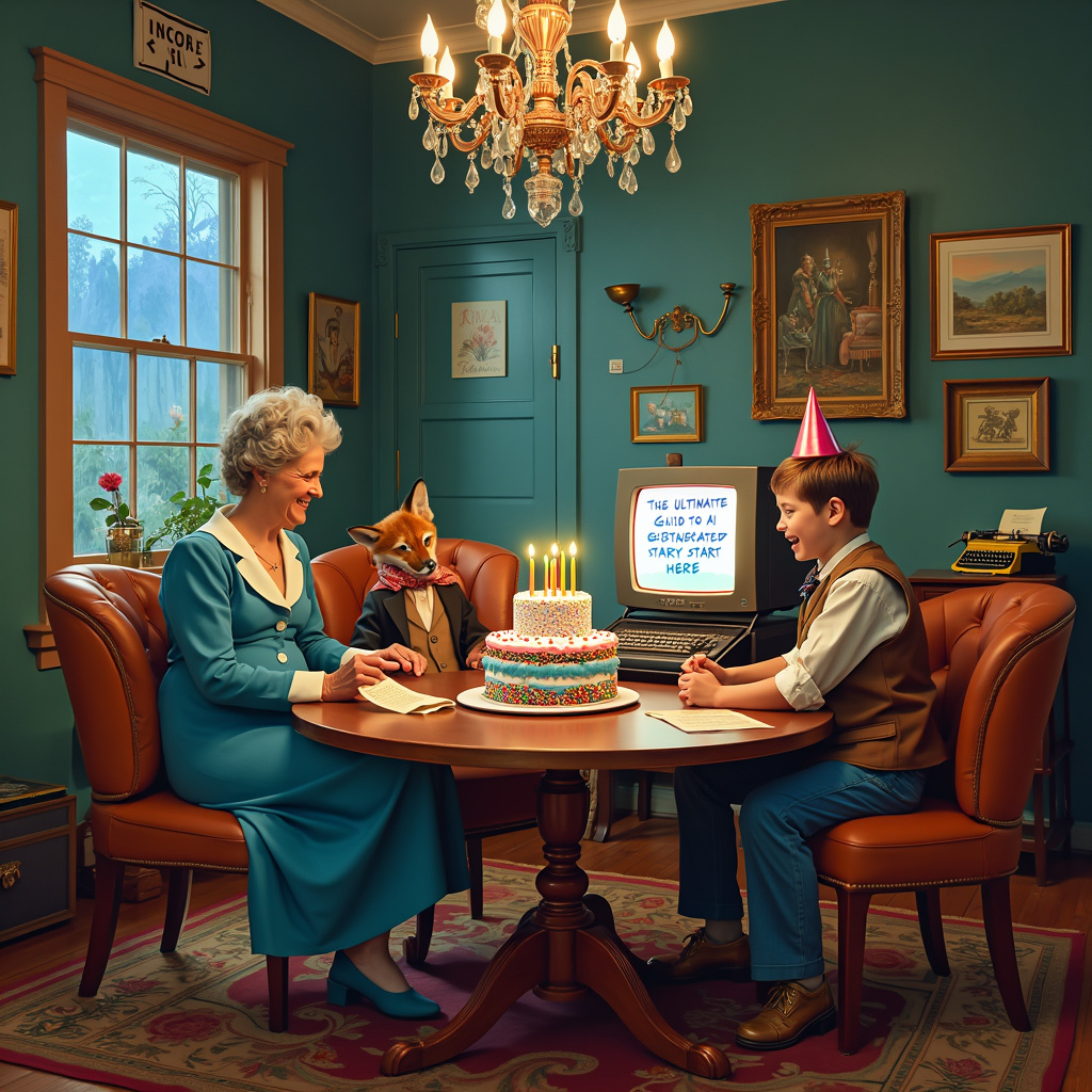 Picture a lively, whimsical birthday celebration set in a charmingly cluttered vintage living room that fuses elements from various artistic inspirations. At the center, a quaint, round wooden table adorned with an eccentric, AI-generated birthday cake takes the spotlight. The cake is a riot of quirky details: layers in a spectrum of neon colors, robotic arm-like candles, and holographic sprinkles projecting birthday wishes in multiple languages. A vintage computer monitor sits at one end of the table, comically wearing a party hat and displaying "The Ultimate Guide to AI-Generated Birthday Cards" on its screen, complete with playful illustrations of robots and cakes. 

Surrounding the table, there’s a delightful cast of characters that blends Norman Rockwell's lifelike human figures with Maurice Sendak's whimsical creatures. A wise, elderly lady in a Victorian dress (inspired by Beardsley’s intricate fashion detailing) sits on a plush, overstuffed armchair. Beside her, a mischievous, anthropomorphic fox (channeling Beatrix Potter's playful animal characters) in a waistcoat and bow tie, eagerly peeks over the edge of the table, eyeing the cake. 

A young boy, dressed in Edward Gorey-esque attire with a long scarf trailing behind him, is mid-laugh as he attempts to balance an oversized, AI-generated birthday card in one hand, featuring Quentin Blake-inspired loose, exuberant sketches of whimsical robots and quirky animals celebrating. 

The backdrop showcases an Arthur Rackham-like enchanted forest mural painted on the walls, with N.C. Wyeth's adventurous spirit embedded in the scenes – think whimsical trees with books as leaves and a Maxfield Parrish-inspired sky that is an unreal shade of twilight blue. Gustave Doré’s detailed, dramatic shadowing adds depth, making the room feel both intimate and infinite.

On a small side table, a brass, antiquated typewriter with a scroll of parchment cascading to the floor reads, "Your Ultimate AI Birthday Journey Starts Here!" A vintage, crystal chandelier above illuminates the scene, casting twinkling reflections reminiscent of magical AI pixels dancing around the room.

All elements together create a detailed, richly layered scene that tells a story of a fantastical, AI-infused birthday celebration blending nostalgia and futuristic whimsy, inviting viewers to dive into the narrative.
Generated with these themes: The Ultimate Guide to AI-Generated Birthday Cards.
Made with ❤️ by AI.