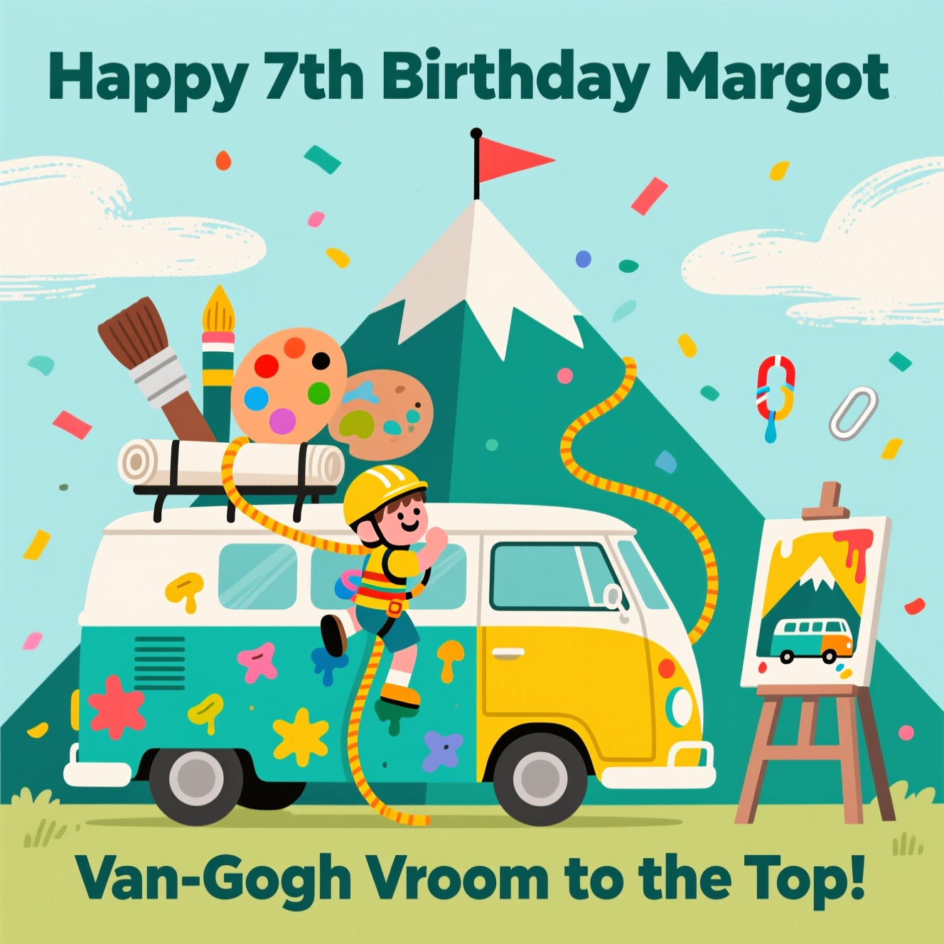 At the top of the Vector Style image, "Happy 7th Birthday Margot"

At the bottom of the Vector Style image, "Van-Gogh Vroom to the Top!"

- Clean flat-vector illustration with crisp lines, solid color blocks, minimal gradients, and modern graphic precision; portrait layout with generous negative space.
- Centerpiece: a cheerful retro campervan (two-tone teal and sunshine yellow) cleverly turned into a mini climbing wall. The van’s side has bold, colorful paint-splat climbing holds and a subtle palette motif.
- A happy kid climber (neutral features, bright helmet and harness) ascends the paint-splat holds; a bright rope arcs up and anchors to oversized art supplies strapped to the roof rack (giant paintbrushes, rolled canvas, a palette), all in flat vector shapes.
- Behind the van, a stylized geometric mountain made of flat, stacked triangles; at its peak, a tiny flag shaped like a painter’s palette. A curving brushstroke path leads towards the mountain, hinting at the climb.
- To one side, a simple easel with a canvas showing a bold, blocky painting of the same mountain and van; playful paint drips form an upward arrow echoing “to the top.”
- Sky: soft pastel with brushstroke-shaped clouds and confetti-like paint droplets and tiny carabiner icons sprinkled for celebration.
- Typography: bold, rounded sans-serif for both lines; top text in deep teal with a thin white outline for contrast; bottom punch-line in lively coral or sunshine yellow, centered and slightly arced above the van’s bumper. Keep text large, readable, and crisp.
- Overall palette: teal, sunshine yellow, coral, sky blue, leaf green, charcoal outlines; flat shadows only where needed for clarity. No extra text elements beyond the two lines.
Generated with these themes: Campervan, art, climbing, and .
Made with ❤️ by AI.