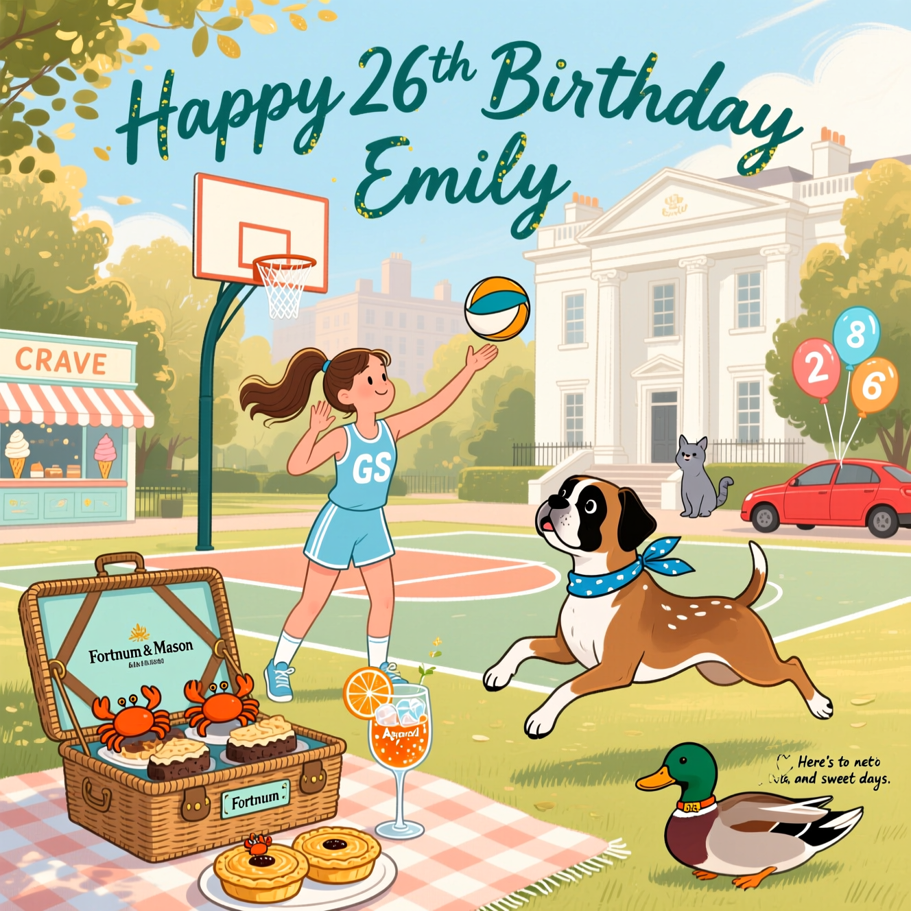 At the top of the Illustration Style image, “Happy 26th Birthday Emily” in warm, hand-lettered script, softly arched, deep teal with subtle gold-fleck highlights.

Hand-drawn illustration with fine linework, textured brush strokes, balanced composition, and a warm, expressive color palette. A sunlit, leafy city-park scene unfolds in late-afternoon glow. Center stage, a netball hoop and court: a focused girl with a high ponytail in a light blue kit takes a graceful shot, “GS” clearly lettered in white on her top. Beside her, a playful fawn boxer dog with a white chest and black mask springs on its hind legs, paws up toward a spare netball, wearing a sky-blue bandana.

In the foreground on a soft gingham blanket sits an open wicker Fortnum & Mason picnic hamper (neat label reading “Fortnum & Mason”). On display: rock cakes and golden pasties, each topped with a tiny pastry crab. A sparkling Aperol Spritz in a stemmed glass, ice and an orange slice catching the light. Near the blanket, a mallard duck with a tiny collar tag that reads “Jake” looks on, serene and curious.

Left midground: a charming ice cream shop with a striped awning and a hand-painted sign that says “CRAVE,” pastel tones glowing through the window. Right midground: a small red car parked with a cluster of celebratory balloons shaped as a 2 and a 6, gently bobbing. In the background, the grand white facade of The Lanesborough with its sign, elegant columns, and on the front step a dignified grey cat sits poised, tail curled.

Soft dappled light, painterly foliage, and gentle crosshatching add depth; hues of sky blue, apricot, coral, and cream keep the mood sincere and joyful.

At the bottom in a small, handwritten caption: “Here’s to net gains and sweet days.”
Generated with these themes: A girl with a pony tail playing netball wearing light blue with GS on her top, a boxer dog is also playing, a mallard duck called Jake is watching, an ice cream shop called Crave, a small red car with balloons with the number 26 on them, a Fortnum and Mason picnic basket with rock cakes and pasties with a small pastry crab on each, an Aperol Spritz cocktail drink, a grand white hotel called The Lanesborough with a grey cat on its doorstep, and .
Made with ❤️ by AI.