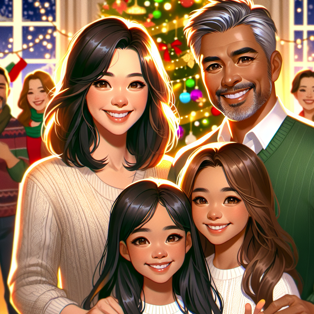 A heartwarming Christmas-themed illustration depicts a diverse family gathered joyously around a festively decorated tree. The mother, with her half-Asian heritage, features shoulder-length brown hair with blonde highlights that catch the glow of the Christmas lights. Beside her, the father's dark tanned skin contrasts with his short, grey hair and neatly trimmed goatee. Their two daughters complete the scene, one with a similar tanned complexion and shoulder-length dark brown hair, the other with a lighter skin tone and long, flowing hair. Together, they exude the warmth and happiness of the holiday season.
Generated with these themes: Family with mum (half Asian, shoulder length brown hair with blond highlights), dad (dark tanned skin, short grey hair and goatee), two girls (one tanned skin, shoulder length dark brown hair and one lighter very long hair) all together around a Christmas scene.
Made with ❤️ by AI.
