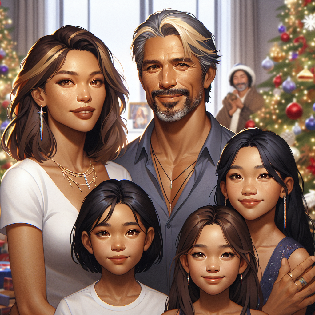 Family with mum (half Asian, shoulder length brown hair with blond highlights), dad (dark tanned skin, short grey hair and goatee), two girls (one tanned skin, shoulder length dark brown hair and one lighter very long hair) all together around a Christmas scene Christmas Card