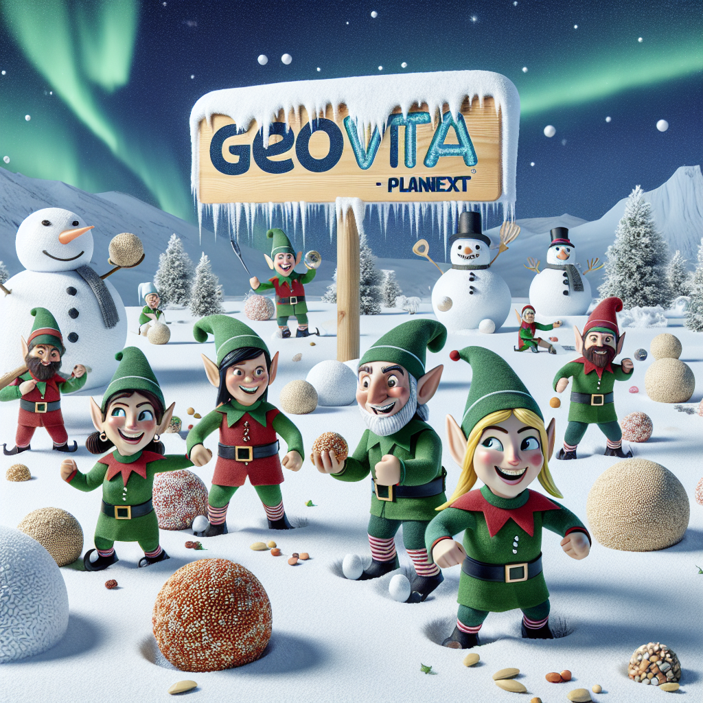 In this playful Christmas themed scene, a team of elves are having a snowball fight with plump snowballs, surprisingly made of different grains and pulses. Amidst the snowy setting, a snowy signboard is prominently displayed with 'GEOVITA - PLANEXT' inscribed in a fun, icy font. The background features a giggling snowman wearing a grain-adorned top hat, while the northern lights dance whimsically in the night sky above, completing this unique yuletide tableau.
Generated with these themes: Pulses, and Grains.
Made with ❤️ by AI.