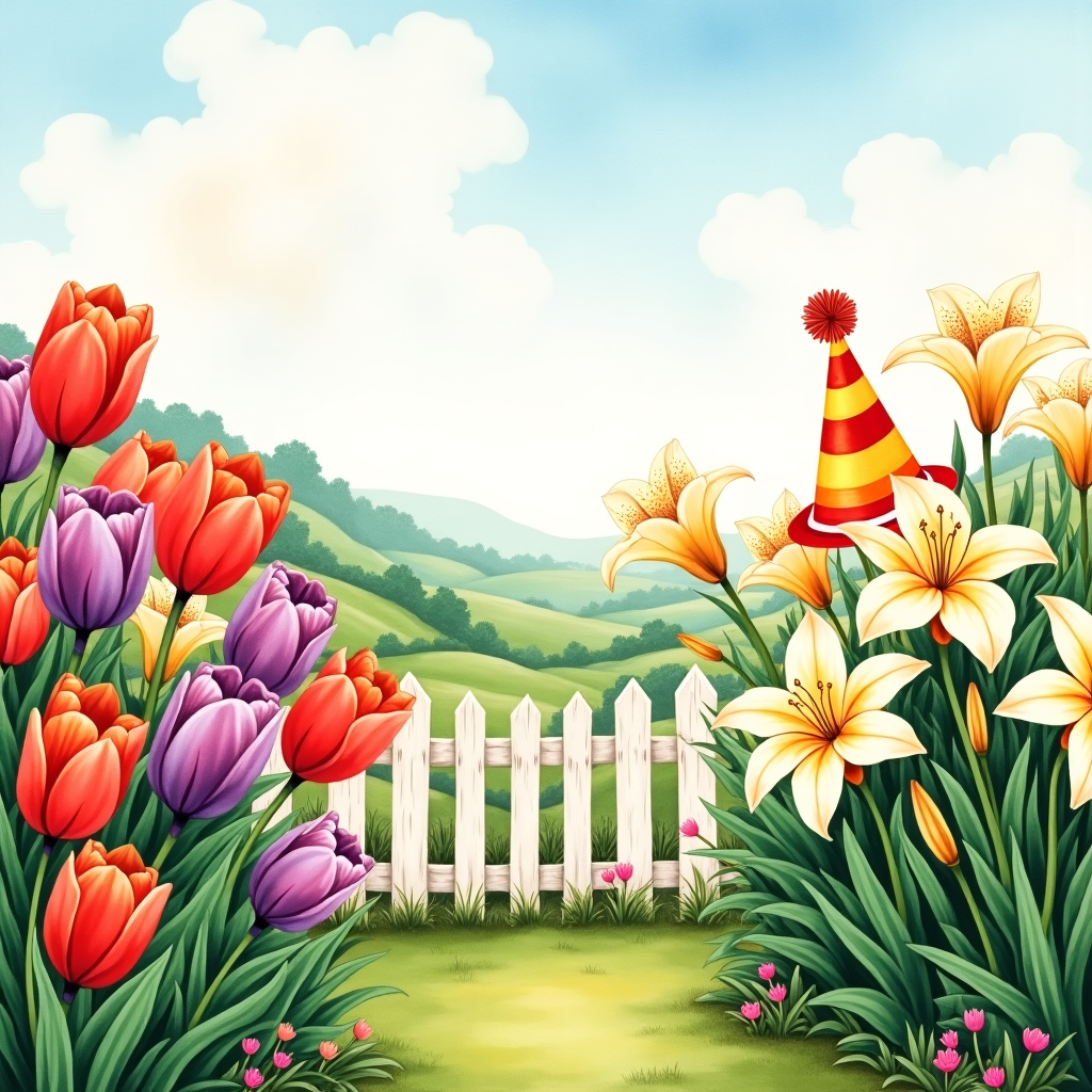 Front and center of the birthday card is a lively garden bursting with tulips and lilies. The scene is composed in a style reminiscent of Norman Rockwell, with an attention to detail and a playful touch. 

In the foreground, you see clusters of vividly colored tulips in full bloom. Their petals range from fiery reds to deep purples and soft pastels, each with delicate watercolor gradients that suggest sunlight filtering through them. The tulip stems and leaves are lush, painted in a rich, verdant green, winding around each other as they stretch toward the sky.

To the right, a patch of regal lilies stands tall, their trumpet-shaped blossoms painted with a mix of creamy whites and sun-kissed yellows. Each petal has intricate speckles, done with precision, reminiscent of Aubrey Beardsley’s detailed line work but with the gentle touch of watercolor.

The background reveals a whimsical garden scene, channeling a touch of Maurice Sendak's storytelling charm. Wooden picket fences border the garden, painted in a soft, peeling white, reminiscent of Beatrix Potter’s quaint landscapes. Behind the fence, a patchwork of rolling hills is dotted with smaller floral patches, giving depth and richness to the setting. 

Overhead, an expansive sky stretches across the card, depicted in soft washes of blue watercolor. Light clouds lazily drift, painted with subtle strokes that evoke Arthur Rackham’s ethereal touch. The overall palette is bright yet harmonious, much like Maxfield Parrish's use of color.

Finally, perched amidst the tulips is a whimsical birthday hat, striped in alternating colors of sunshine yellow and coral pink, its design echoing Quentin Blake’s playful spontaneity. The hat, slightly askew, rests on a mossy patch, casting a soft shadow to give it a three-dimensional feel.

This garden scene is framed by a border of delicate, Edward Gorey-inspired pen lines, adding an elegant yet slightly quirky touch to the card. This rich tapestry of details creates a charming, vibrant birthday greeting cover that balances the meticulous with the whimsical.
Generated with these themes: Tulips and lilies in a garden setting, and Watercolor drawing.
Made with ❤️ by AI.