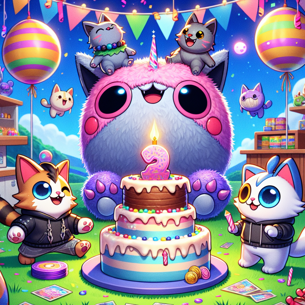 In this endearing celebration moment, cartoon felines dressed in outfits inspired by a popular battle royale video game indulge in a fantastical land inspired by a widely-known creature capture franchise. A massive, sleepy-like creature balances the birthday cake on its belly, which is adorned with elements referencing all three themes. Vibrant decorations include in-game currency, a pink, round creature, and festive animal-shaped piñatas, while a playful pinata shaped like a feline hangs overhead.
Generated with these themes: Fortnite, Cats, and Pokemon .
Made with ❤️ by AI.