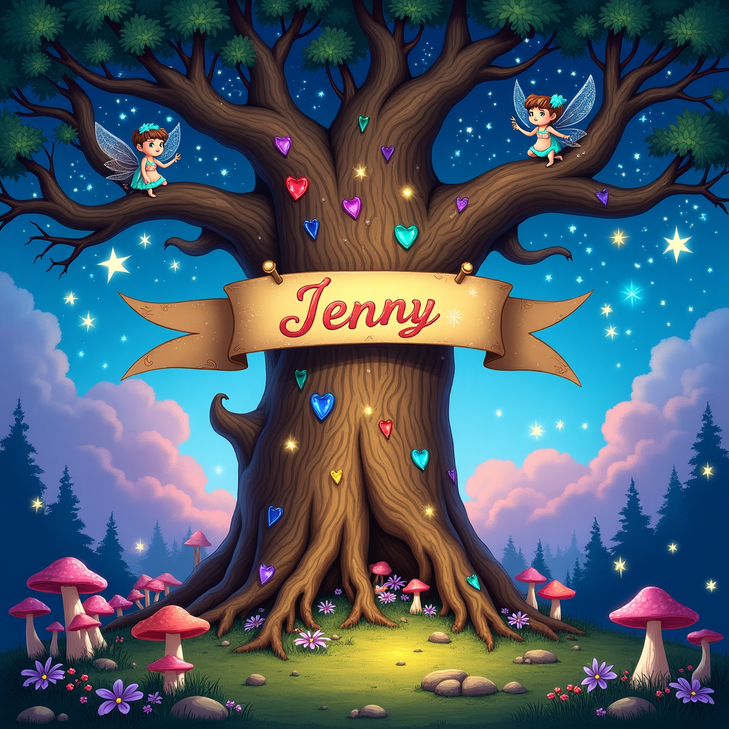 **Front Cover Illustration Description:**

**Background:** The scene is set in a vibrant and magical forest, reminiscent of a high fantasy realm. A large, ancient oak tree with sprawling branches occupies the center, its trunk adorned with intricate carvings of hearts, stars, and gems that shimmer as if they are alive. The sky behind the tree is an explosion of color, transitioning from deep royal blue to a twilight purple, speckled with twinkling stars that resemble tiny diamonds scattered across the canvas.

**Foreground Elements:** 

1. **The Oak Tree:** The massive oak tree is adorned with glistening gems in shades of emerald green, sapphire blue, and ruby red embedded within its bark. At the top, its leaves are dusted with silver stardust, catching the ethereal light. The tree's roots twist and curl around the base, creating natural arches and patterns.

2. **A Banner:** Hanging between two lower branches is a whimsical banner made of golden parchment. The word "Jenny" is beautifully penned in an elegant, flowing script, with the ink shimmering in iridescent colors that shift with the light.

3. **Fantasy Creatures:** Perched among the branches are a pair of small, enchanting creatures—perhaps fairies or sprites. They have delicate wings, transparent and shimmering like stained glass, reflecting the vibrant colors of the sky. Their outfits are made of flower petals and leaves, adding an organic touch to the fantastical setting.

4. **Ground Elements:** At the base of the tree, a patch of luminescent mushrooms emits a soft glow, casting an enchanting light across the forest floor. Scattered among them are small, sparkling stones and dew-kissed wildflowers in hues of violet and crimson.

5. **Stars and Gems:** Around the scene, there are floating orbs of light—stars that have come to rest in the forest. Some stars are caught in the tree branches, while others hover above the mushrooms, each encircled by a faint halo of light.

**Style Inspiration:** The scene combines the whimsical detail of Beatrix Potter, the bold, intricate line work of Aubrey Beardsley, and the rich, dreamy colors of Maxfield Parrish. The overall composition is richly detailed, inviting the viewer to linger and explore the intricacies of this fantasy Valentine’s world.

This illustration captures the enchantment and wonder of a high fantasy realm, with the added delight of personal touch through the inclusion of "Jenny."
Generated with these themes: High fantasy book cover style with gems and stars.
Made with ❤️ by AI.