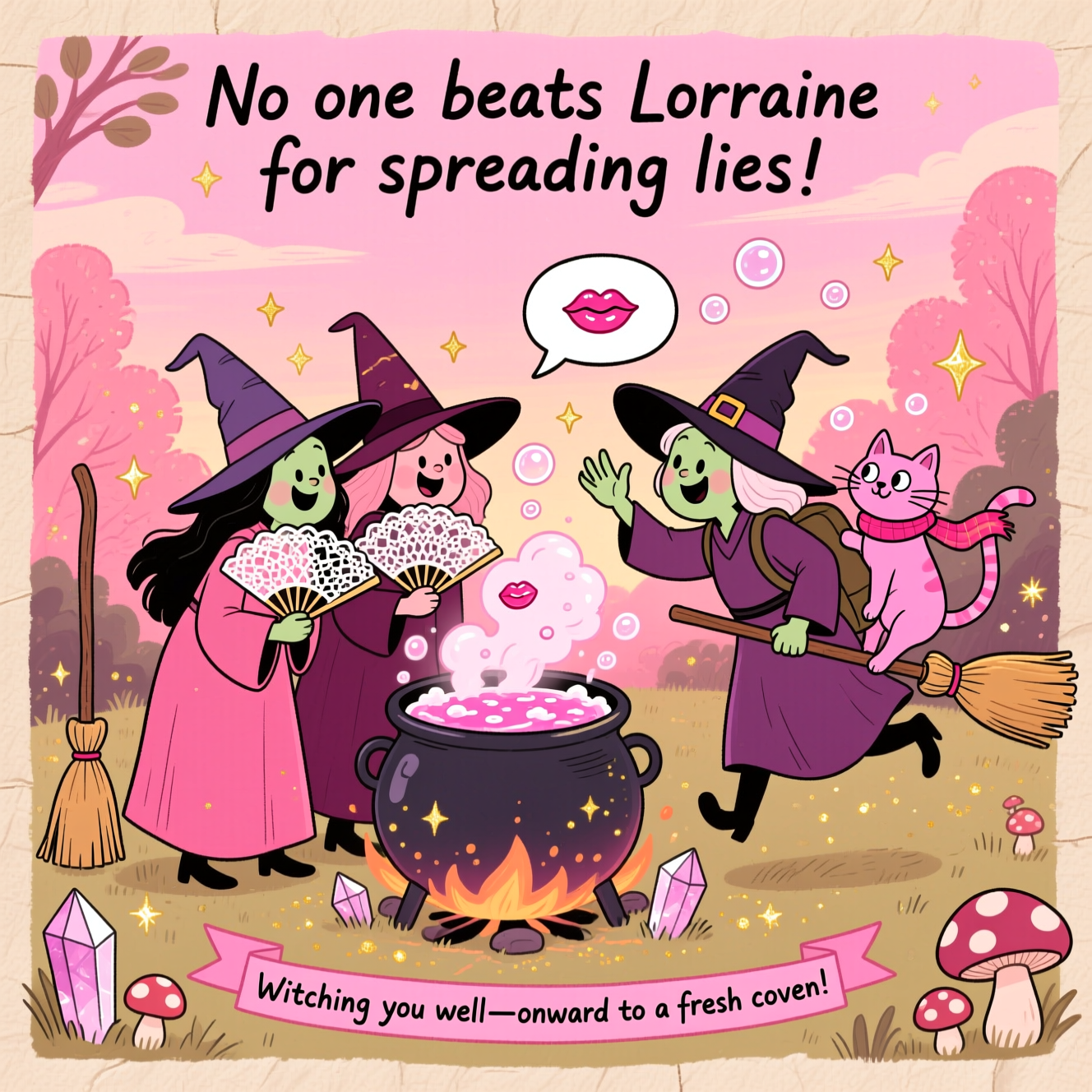 Gossip, witches, pink, and Farewell Card