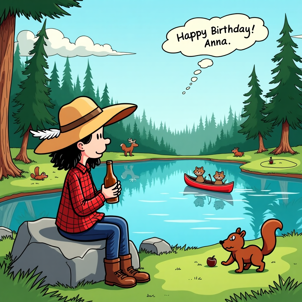 On the front of this whimsical birthday card, picture a cartoon scene bursting with lively detail: set in the heart of a Canadian wilderness, a playful fusion of nature and sport unfolds. To the left, a quirky golf course snakes around the dense pines and birch trees, dotted with humorous hazards like a family of moose inspecting a green, and a beaver lounging with its tail acting as a sand trap rake. The fairway curves gently around a serene lake that mirrors the cerulean sky, where playful geese are mid-flight, casting soft shadows on the water. 

Sitting comfortably on a moss-covered rock by the lakeside, we find Anna, a character designed with a nod to Bill Watterson's expressive lines—she sports a wide-brimmed sunhat adorned with a feather. Her eyes gaze dreamily over the landscape, contemplating life while sipping a bottle of cider that glistens in the gentle sunlight. Her plaid flannel shirt and hiking boots rest beside her, suggesting a satisfying hike prior to her restful pause.

In the background, a canoe paddles smoothly across the lake, operated by a pair of jovial raccoons, mimicking the antics of classic Disney animal companions. Above them, fluffy clouds in the shape of "Happy Birthday Anna" drift lazily across the sky, capturing the essence of Schulz's signature sky-writing. Amidst this vibrant tapestry of wilderness and whimsy, a mischievous squirrel is seen teeing off with an acorn, using a twig as a makeshift golf club, adding a touch of Far Side-esque humor to the scene. This playful blend of the wild, leisurely golf, and tranquil reflection forms the perfect backdrop for celebrating Anna's special day.
Generated with these themes: Wilderness golf course beside a lake in Canada, and She is sitting sipping a cider and contemplating life.
Made with ❤️ by AI.