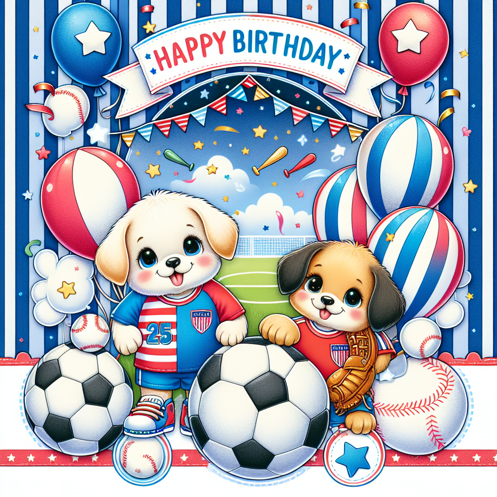 Create a whimsical, cartoon-style birthday invitation featuring playful puppies wearing jerseys from a generic soccer team, surrounded by a border with stripes and stars that resemble the American flag design. Make the centerpiece a vibrantly colored soccer ball and a traditional leather baseball, representing a blend of popular sports. Include festive details like balloons and confetti in the sky, manifesting a cheerful birthday ambience, an ideal choice for a sports-loving child of any gender and descent.
Generated with these themes: Soccer, Baseball, America, Bolton Wanderers, and Dogs.
Made with ❤️ by AI.
