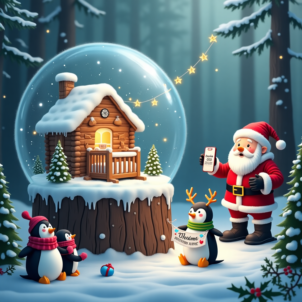 The scene unfolds in a snowy, enchanted forest, where the magical spirit of 2025 meets the timeless wonder of Santa Claus. In the center, a large, shimmering snow globe is perched atop a stump, surrounded by glistening icicles. Inside the globe, a cozy, log-cabin nursery is visible, complete with a tiny, rocking crib made of candy canes and marshmallows. The crib is gently swaying, and over it hangs a string of twinkling, mini-LED stars forming the name "Baby Dhunny" in playful, looping script. Outside the snow globe, Santa Claus is joyously caught in a gentle snowfall, holding a futuristic baby monitor that reads "Happy 2025, Baby Dhunny!" His sleigh, equipped with sleek hoverboards instead of traditional runners, is parked beside a cluster of evergreens adorned with digital ornaments that flash festive patterns. In the background, a family of friendly penguins, wearing bright scarves and earmuffs, are building a snowman holding a tiny banner that reads "Welcome to the World, Baby Dhunny!" A reindeer with twinkling antlers is nibbling on some holly leaves, completing the heartwarming, whimsical tableau.
Generated with these themes: 2025, Santa Claus , and Winter.
Made with ❤️ by AI.