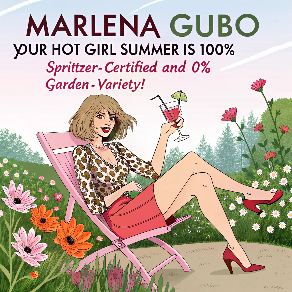 A woman that looks like Taylor Swift in a Fran Fine outfit , Sits in her garden with a surfer boy and beige long haired dog, Starring Marlena Gubo, The title of the show is "Hot girl summer", Holding in the left hand a watering can with aperol spritz, and Birthday Card