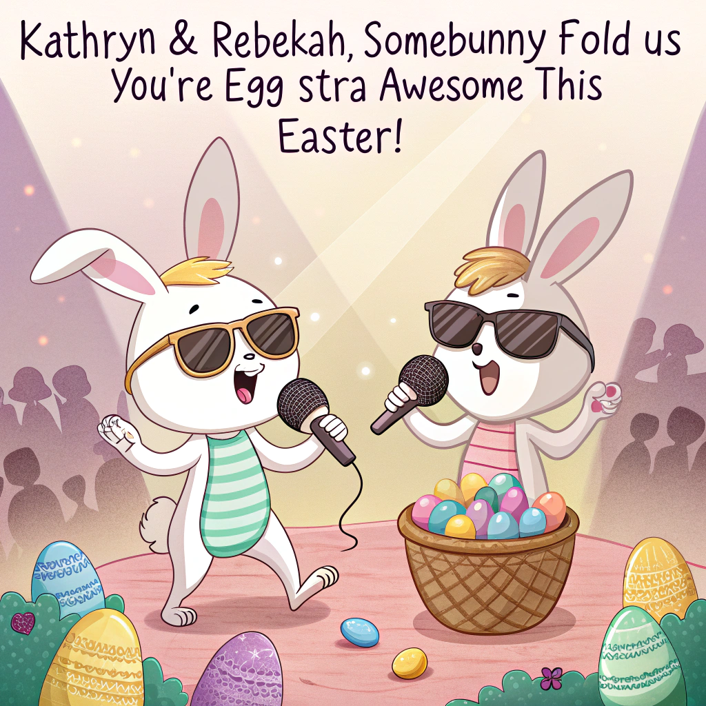 At the top of the image, "Kathryn & Rebekah, somebunny told us you're egg-stra awesome this Easter!"

– Illustrate a hilarious scene of two fashionable Easter bunnies wearing sunglasses and holding half-eaten chocolate eggs like microphones, performing an epic karaoke battle on a pastel-colored stage made of marshmallow peeps.  
– Behind them, jellybean spotlights beam dramatically while a crowd of chicks in bunny ears cheers wildly.  
– Add whimsical touches like a basket-shaped disco ball and a carrot-shaped amplifier for extra flair.
Generated with these themes: Easter Bunny.
Made with ❤️ by AI.