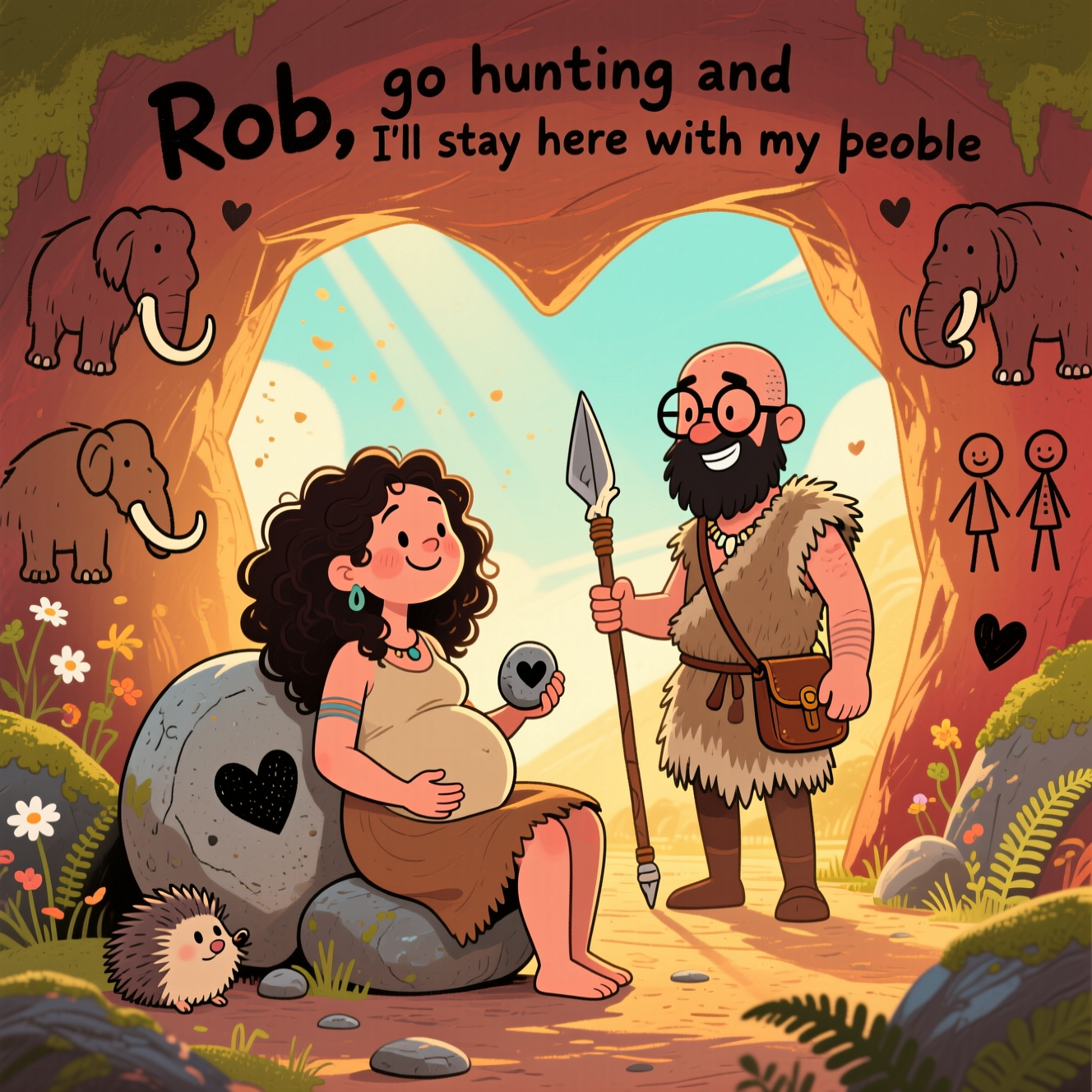 At the top of the Illustration Style image, Rob, you go hunting and I'll stay here with my pebble

A cute, hand-drawn, portrait-orientation illustration with fine linework and textured brush strokes: a cozy prehistoric scene at golden hour. In the center, a pregnant cavewoman with dark curly hair sits comfortably on a smooth, oversized pebble with a tiny heart etched into it. She smiles softly, one hand cradling her bump, the other holding a little keepsake pebble with a charcoal heart. Beside her, the cave entrance arches overhead, its silhouette subtly forming a heart around the couple.

Near the cave mouth stands her partner: a cave man with a shaved head, dark beard, and round glasses (playful bone-and-twine frames). He wears a simple fur tunic, carries a stone-tipped spear and a small leather satchel, and looks back at her with a warm, loving grin.

Environment: warm, expressive palette of honey-gold, sienna, terracotta, and clay reds, with mossy greens and a pop of soft sky teal. Sunbeams stream in, catching gentle dust motes. Cute charcoal cave doodles of hearts, a mammoth, and a stick-figure couple decorate the wall. Wildflowers and ferns peek from between stones; a tiny prehistoric critter (hedgehog-ish) peeks out from behind a rock for extra charm.

Style and composition: balanced, soft rounded shapes, expressive faces with rosy cheeks, subtle paper texture, and cozy shading. Keep everything cute and affectionate, with the couple as the focal point and the cave arch guiding the eye.

Typography: the top line is hand-lettered in a playful, slightly uneven charcoal-brush script that curves along the cave arch, large and readable, with a tiny heart doodle accent.

Add a small, cheeky one-line caption near the bottom in small hand lettering: Stone-age romance, modern specs.
Generated with these themes: .
Made with ❤️ by AI.