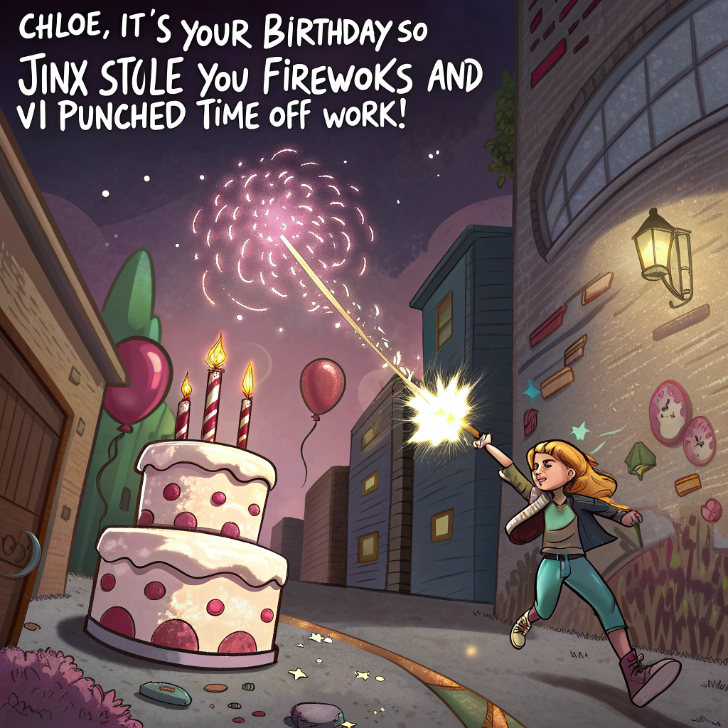 At the top of the image, "Chloe, it’s your birthday—so Jinx stole you fireworks and Vi punched time off work!"

— The illustration should depict a surreal, dreamy Under City alley exploding with fantastical elements: graffiti comes to life, Hextech glows float in the air like lanterns, and mechanical fireflies whiz by. Jinx, grinning wildly, rides a giant cake-shaped rocket festooned with candles and graffiti, her Pow-Pow minigun firing confetti into the air. Vi stands on a floating chunk of cobblestone, wearing her massive gauntlets like party mitts, using one to casually pop an enormous balloon that reads "LEVEL UP, CHLOE!". Cupcakes with tiny faces scurry around, chased by a giggling blue Firelight. In the sky above the chaos, Chem-Barons hover in airships that spew glitter instead of gas. The entire image has a luminous, surreal sheen—equal parts arcane and party magic.
Generated with these themes: Arcane League Of Legends, Jinx Arcane League Of Legends, Vi Arcane League Of Legends, Jinx weapons Arcane League Of Legends, Gauntlets Arcane League Of Legends, and Under City Arcane League Of Legends.
Made with ❤️ by AI.