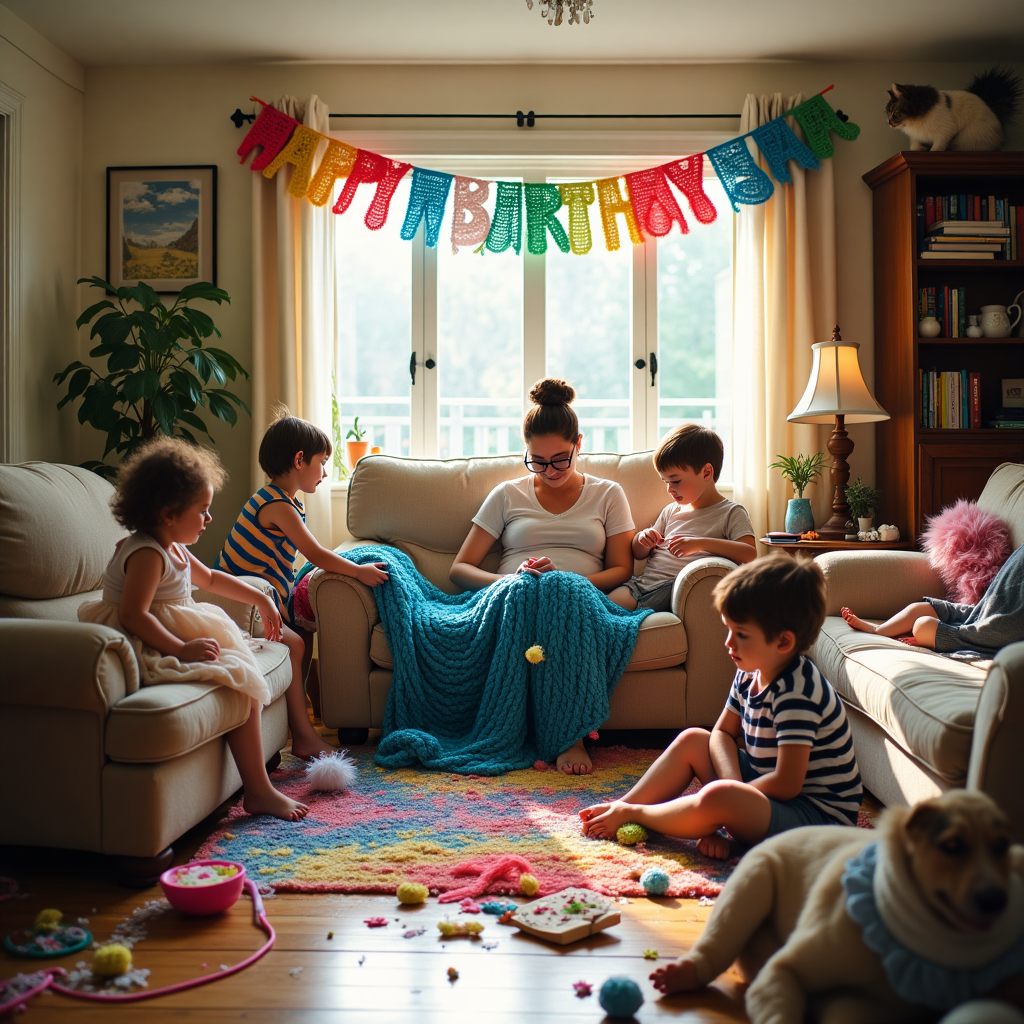 Mother of 7 children, calmly crocheting in a chaotic family household Birthday Card