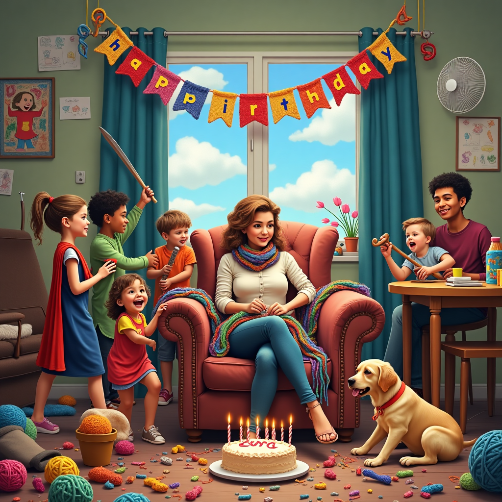 The scene is a snapshot of delightful chaos, capturing a vibrant and bustling family household. In the center, a mother of seven sits serenely on a plush, timeworn armchair, diligently crocheting with an array of colorful yarns spilling over the sides like a cascade of rainbow noodles. Her hands move methodically, creating a multicolored scarf, while chaos unfurls around her. To her left, a young girl attempts to braid the mane of the family’s golden retriever, while two boys in superhero capes zoom past, brandishing wooden swords in an imaginary duel. Behind them, a toddler gleefully bangs on a collection of pots and pans, creating a symphony of clanging sounds. A pair of twins, about five years old, are engrossed in their own world, constructing a blanket fort between the couch and the coffee table, their little faces peeking out with excitement. A teenager, perched on the staircase, obliviously strums a guitar amidst the hullabaloo.

The room is a lively mix of colors and textures, with children's drawings plastered haphazardly on the walls, and toys scattered like confetti across the floor. Above the mother, suspended from the ceiling, is a festive "Happy Birthday Sara" banner, its letters crafted from a mix of crochet and felt, dancing gently with the airflow from a nearby fan. In the background, a cake adorned with seven flickering candles sits on a cluttered dining table, waiting patiently amidst the beautiful chaos, with the name "Sara" elegantly piped in vibrant icing on its top. Through a window, a serene blue sky peeks in, with fluffy clouds subtly forming the letters of "Sara" as if the universe itself is wishing her a delightful day.
Generated with these themes: Mother of 7 children, calmly crocheting in a chaotic family household .
Made with ❤️ by AI.