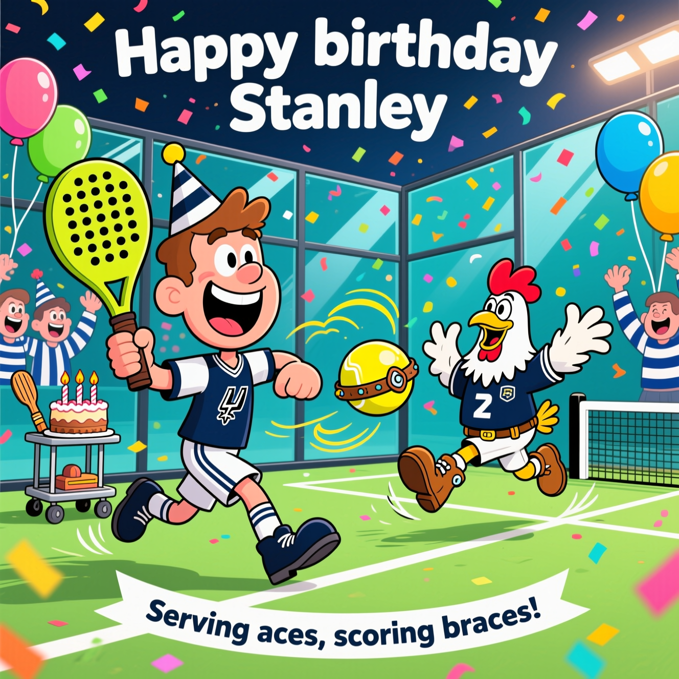 At the top of the Cartoon Style image, "Happy birthday Stanley"

A playful, funny cartoon scene on a vibrant Pádel court with glass walls, bursting confetti and balloons. Center stage: an exuberant cartoon Stanley with an oversized head and huge grin, wearing a Spurs-inspired navy-and-white football kit (no logos), party hat tilted wonkily, and swinging an oversized perforated pádel racket. Opposite him, a cheeky cartoon cockerel mascot in matching kit and tiny boots with comic spurs, mid-leap with flappy, energetic pose. A bright yellow pádel ball (with tiny comedic cowboy spurs strapped on) zips across the court leaving curly motion lines, ricocheting off the glass toward a mini football goal propped next to the wall. Background fans in navy-and-white scarves cheer with silly expressions; a ball cart carries a mini birthday cake with racket-shaped candles. Colors are bright and saturated; characters have thick outlines, exaggerated proportions, and dynamic, whimsical poses. Add dramatic speed swooshes, sparkles, and confetti bursts for comic energy; use a lilywhite, navy, and neon-lime palette. Lighting is punchy and celebratory.

Place a small, single-line caption on a curved ribbon at the bottom: “Serving aces, scoring braces!”
Generated with these themes: Pádel , Spurs , and .
Made with ❤️ by AI.