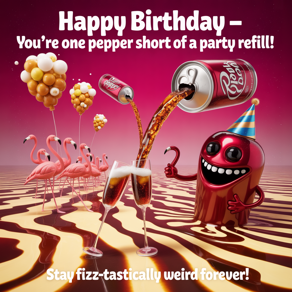 At the top of the image, "Happy Birthday — You’re One Pepper Short of a Party Refill!"  

At the bottom of the image, "Stay Fizz-tastically Weird Forever!"  

In the center, create a surreal dreamscape: a vast desert made of swirling caramel and cola rivers under a magenta sky, where giant floating Dr Pepper cans melt like Dali clocks. A herd of birthday balloons shaped like soda bubbles drifts across the horizon, while a colossal, grinning pepper wearing a party hat pours fizzy streams into champagne flutes held by tap-dancing flamingos with straw legs. The lighting is soft and otherworldly, with a warm soda-glow illuminating the scene.
Generated with these themes: Dr pepper, and .
Made with ❤️ by AI.