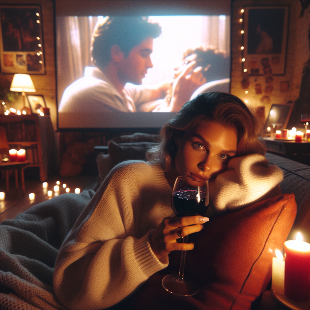 A woman sitting on a sofa with a red wine in her hand, watching an 80s movie. Birthday Card