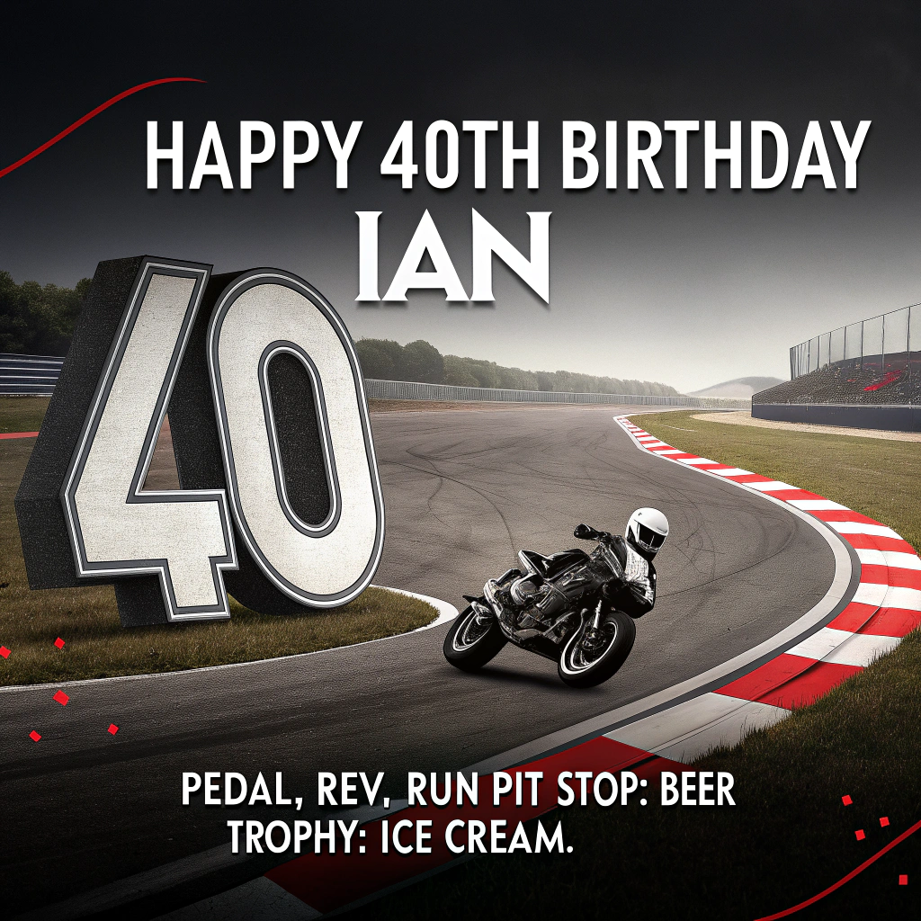 At the top of the Vector Style image, "Happy 40th Birthday Ian"

At the bottom of the image, "Pedal, rev, run—pit stop: beer; trophy: ice cream."

In the center, create a bold, graphic “40” that doubles as a multi-sport circuit:
- The vertical stroke of the 4 is a dark asphalt racetrack with red-and-white curbs; a sleek sport motorbike leans into a corner with crisp speed lines and a tiny checkered flag.
- The diagonal stroke of the 4 is a bright red athletics track with clean white lane marks; a minimal runner mid-stride wearing a small “40” bib.
- The 0 is a teal velodrome loop; a streamlined road cyclist in a vibrant jersey banking around the curve.

Add playful birthday “pit stop” details:
- A beer-pint-shaped pit stop kiosk with frothy foam acting as the awning and a tiny fuel hose.
- A finish arch shaped like a giant soft-serve ice cream cone with rainbow sprinkles.
- Scattered confetti, stars, and subtle motion streaks for energy.

Style and composition:
- Clean flat-vector art only: crisp outlines, solid color blocks, minimal or no gradients, modern graphic design precision.
- Bright, punchy palette: teal, racing red, sunshine yellow, amber, and deep navy accents.
- Consistent thin-to-medium line weights, simple geometric forms, minimal shadows.
- Ample negative space above and below to let the headline and punchline dominate. Center the “40” and keep elements balanced and uncluttered.
Generated with these themes: Cycling motorsport running beer ice cream , and .
Made with ❤️ by AI.