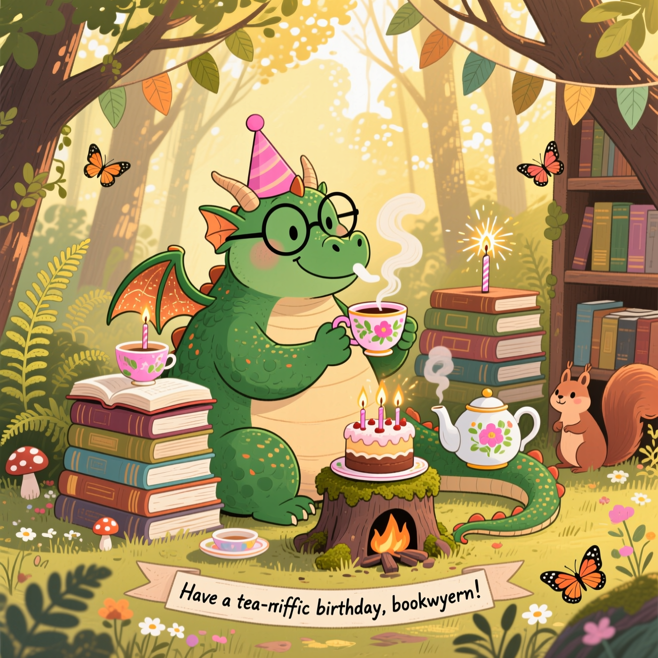 Hand-drawn illustration with fine linework and textured brush strokes; warm, expressive color palette. In a sun-dappled forest clearing turned into a cozy outdoor library, a friendly chubby dragon (emerald green with coppery highlights) coils comfortably around teetering stacks of books. The dragon wears a tiny party hat and round reading glasses, delicately pinching a floral teacup with a smug, pinky-raised sip. Steam curls from the cup and a porcelain teapot on a mossy stump, kept toasty by a gentle, comedic nostril puff. A small birthday cake perches on a pile of books; the candles are freshly lit by a playful spark—one candle adorably singed and a bit crooked. Nature details: ferns, mushrooms, wildflowers, butterflies, and a curious squirrel peeking from behind a book; leafy bunting strung between branches; dappled golden light filtering through the canopy. Balanced, vertical composition with the dragon central, books and tea elements flanking either side; soft shadows and visible paper grain, expressive brush textures. Fun, whimsical mood with gentle visual gags, no clutter. Include a single, small, hand-lettered ribbon banner near the bottom with the caption: “Have a tea-riffic birthday, bookwyrm!” No other text, no logos, no borders.
Generated with these themes: Dragon, Books, Tea , Birthday, Nature, and .
Made with ❤️ by AI.