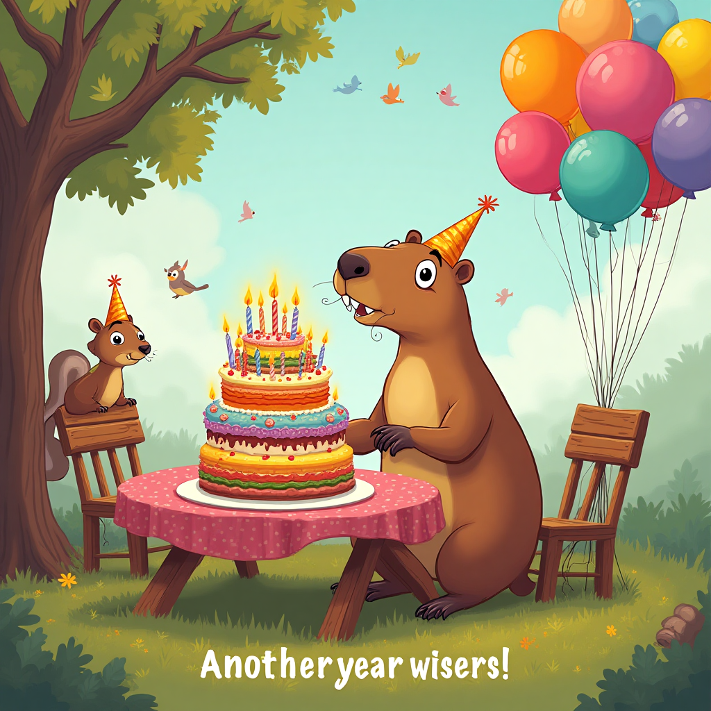 ## Image Prompt

Imagine a whimsical cartoon scene set in a vibrant, colorful world where a cheerful capybara is the star of the show. This capybara, with its adorably oversized eyes and a wide, infectious grin, is sitting at a festive picnic table that's groaning under the weight of an enormous birthday cake. The cake is a multi-layered masterpiece, bursting with all the colors of the rainbow, and topped with an impressive array of lit candles that flicker playfully.

Surrounding the capybara and cake, a cluster of vividly colored balloons float joyfully in the air, each one tied to the back of a tiny chair with a polka dot pattern, adding to the festive atmosphere. The capybara wears a jaunty party hat, slightly askew, as if caught mid-celebration. 

In the background, cartoon birds wearing miniature party hats chirp in delight from the branches of stylized trees that seem to sway to a party rhythm. A whimsical squirrel, also in a tiny hat, peeks from behind the tree, clearly amused by the capybara’s birthday antics.

Adding a touch of humor, the card features a playful text caption in bright, cheerful font at the bottom: "Another year wiser? Don’t capybara-doubt it!"
Generated with these themes: Capybara, Birthday cake, Balloons, and .
Made with ❤️ by AI.