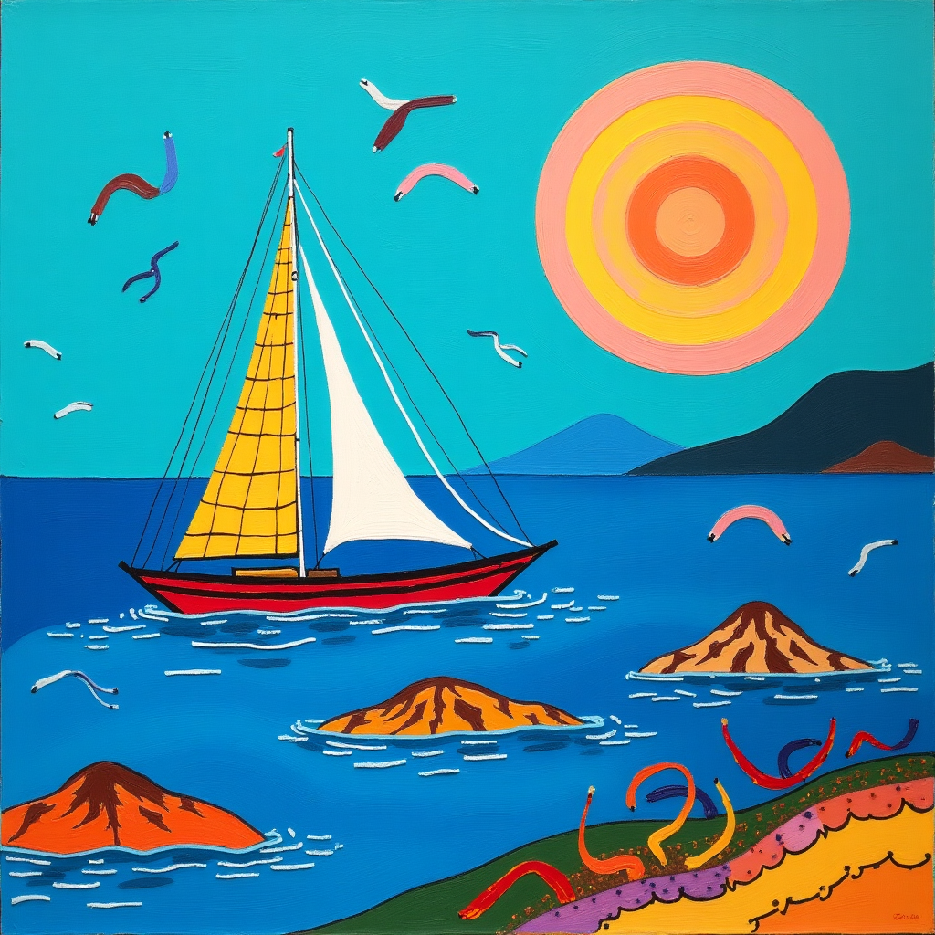 Front Cover Concept for a Birthday Greeting Card:

**Title: "Aegean Dreamscape"**

**Background:**

- The backdrop is a vibrant expanse of the crystal blue Aegean Sea. The blue varies in shades, echoing the depth and light reflections with bold cerulean, turquoise, and aqua tones, reminiscent of a Rothko color field.

**Foreground:**

- **Yacht:** An abstract representation of a yacht sails diagonally across the card. The hull is a simple geometric form, inspired by Mondrian’s grid, with intersecting lines of red, yellow, and black. The sails are exaggerated, flowing in sweeping, curved lines, echoing the fluid, energetic strokes of de Kooning.

- **Islands:** Scattered islands rise from the sea, stylized with flat, angular shapes similar to Malevich’s Suprematism. Each island is a combination of rich earth tones and greens, highlighted with sharp contrasts of orange and purple, as if taken from a Miro painting.

**Sky:**

- **Sun:** The sun is an enormous, glowing orb hanging in the upper corner, inspired by Kandinsky’s circles, with concentric rings of gold, orange, and soft pink.

- **Sea Birds:** Birds are depicted as dynamic, swooping arcs and loops, akin to Cy Twombly’s calligraphic style. They traverse the sky in erratic, playful patterns, adding a sense of movement and vitality.

**Elements of Detail:**

- **Waves:** The sea is peppered with Pollock-esque splashes and drips in white and light blue, suggesting the motion of the waves and the spray of the water against the yacht.

- **Lines and Grids:** Throughout the scene, subtle grid lines and linear patterns from Agnes Martin’s minimalism cross over the elements, giving a sense of structure within the organic chaos.

- **Palette:** The color palette is bold and high-contrast, yet balanced, using a spectrum of vivid primary colors juxtaposed with earthy and pastel tones, creating a harmonious and visually stimulating composition.

This design captures the celebratory and adventurous spirit of a birthday on the high seas, using abstract forms and vibrant colors to evoke a sense of movement and joy.
Generated with these themes: A yacht is sailing in the crystal blue Aegean Sea. The yacht is sailing through islands, the sun is shining and the sea birds are flying..
Made with ❤️ by AI.