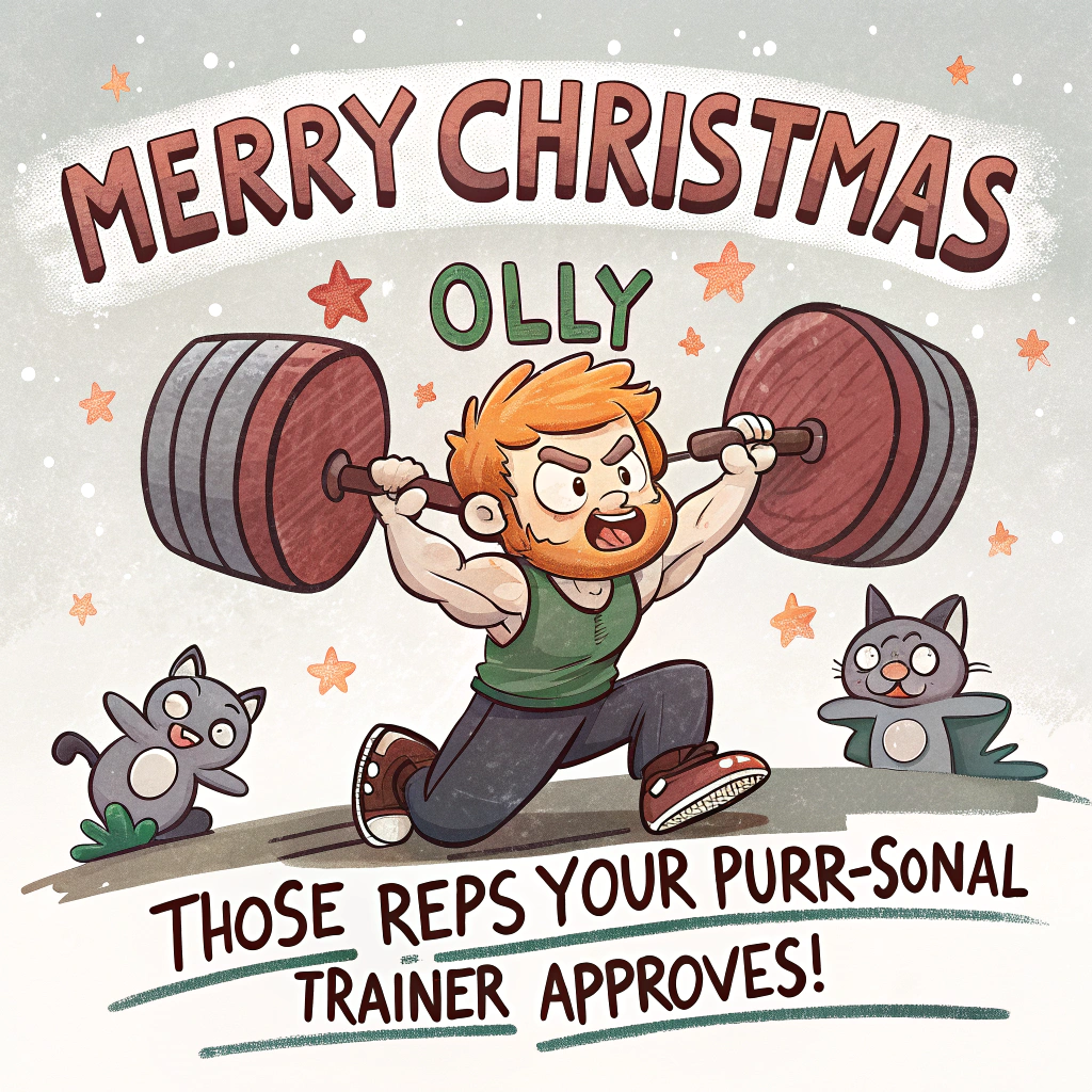 At the top of the Cartoon Style image, "Merry Christmas Olly"
At the bottom of the image, "Sleigh those reps—your purr-sonal trainer approves!"

- Center scene: A playful, high-energy gym at Christmas. A young man in his 20s with short ginger hair and light stubble is mid-bicep curl with oversized candy-cane dumbbells, cheeks puffed, eyes wide, and a goofy determined grin. Exaggerated proportions, big expressive hands and sneakers, chunky limbs, and a springy, dynamic pose.
- Beside him, a large ginger tom cat as his over-the-top “coach,” wearing a tiny Santa hat and a whistle, one paw gently spotting his elbow and the other paw pointing confidently like a trainer. The cat smirks with huge eyes and fluffy whiskers, tail curled into a festive question mark.
- Festive gym details: Barbells wrapped in tinsel, kettlebells painted like ornaments, fairy lights zig-zagging overhead, a mini tree made from stacked weight plates, snowflakes visible through a window. A red bench and teal floor mats add bright contrast; gift-wrapped dumbbells and candy-cane stripes sneak into the equipment.
- Style notes: Playful cartoon characters, thick black outlines, bright saturated reds, greens, and golds, simple cel shading, sparkling highlights, whimsical motion lines around the curl and cat’s tail.
- Text styling: 
  - Top line in bold, candy-cane striped lettering with a chunky black outline and tiny star-sparkles.
  - Bottom line in chunky green bubble letters with a subtle paw-print sparkle accent.
- Overall vibe: Light-hearted, cheeky, energetic, and festive; no logos or real brand names.
Generated with these themes: Youn man in his 20's  with short ginger hair and stubble exercising at the gym at Christmas with a large ginger tom cat, and .
Made with ❤️ by AI.