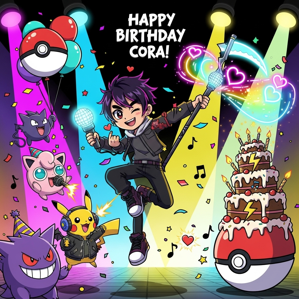 At the top of the Cartoon Style image, Happy Birthday Cora!

A bold, playful, image-first Cartoon scene with exaggerated proportions, thick black outlines, and bright, saturated colors. Center stage: a stylish K-pop demon hunter idol mid-leap, winking and throwing a finger-heart. They wield a glowing microphone–lightstick that transforms into a cute neon scythe, casting rainbow, heart-shaped soundwaves. Around them, cheerful Pokémon join the chaos: Pikachu in a tiny bomber jacket and silly devil horns zaps heart-shaped sparks; Jigglypuff, wearing a headset mic, belts a high note that boops a giggling shadow imp into a floating Poke Ball balloon; Gengar grins under a party hat, pretending to be “totally not a demon.” A towering Poke Ball birthday cake with lightning-bolt candles and star sprinkles teeters nearby, with confetti, balloons, and sparkles exploding across the scene. Neon stage lights (magenta, cyan, electric yellow, purple) and comic motion lines amp up the energy; keep everything cute, funny, and non-scary. Style: chibi-leaning proportions, cel-shading, thick outlines, whimsical, energetic poses.

At the bottom of the Cartoon Style image, small playful caption: Gotta SLAY-brate!
Generated with these themes: Kpop demon hunter, Pokémon , and .
Made with ❤️ by AI.