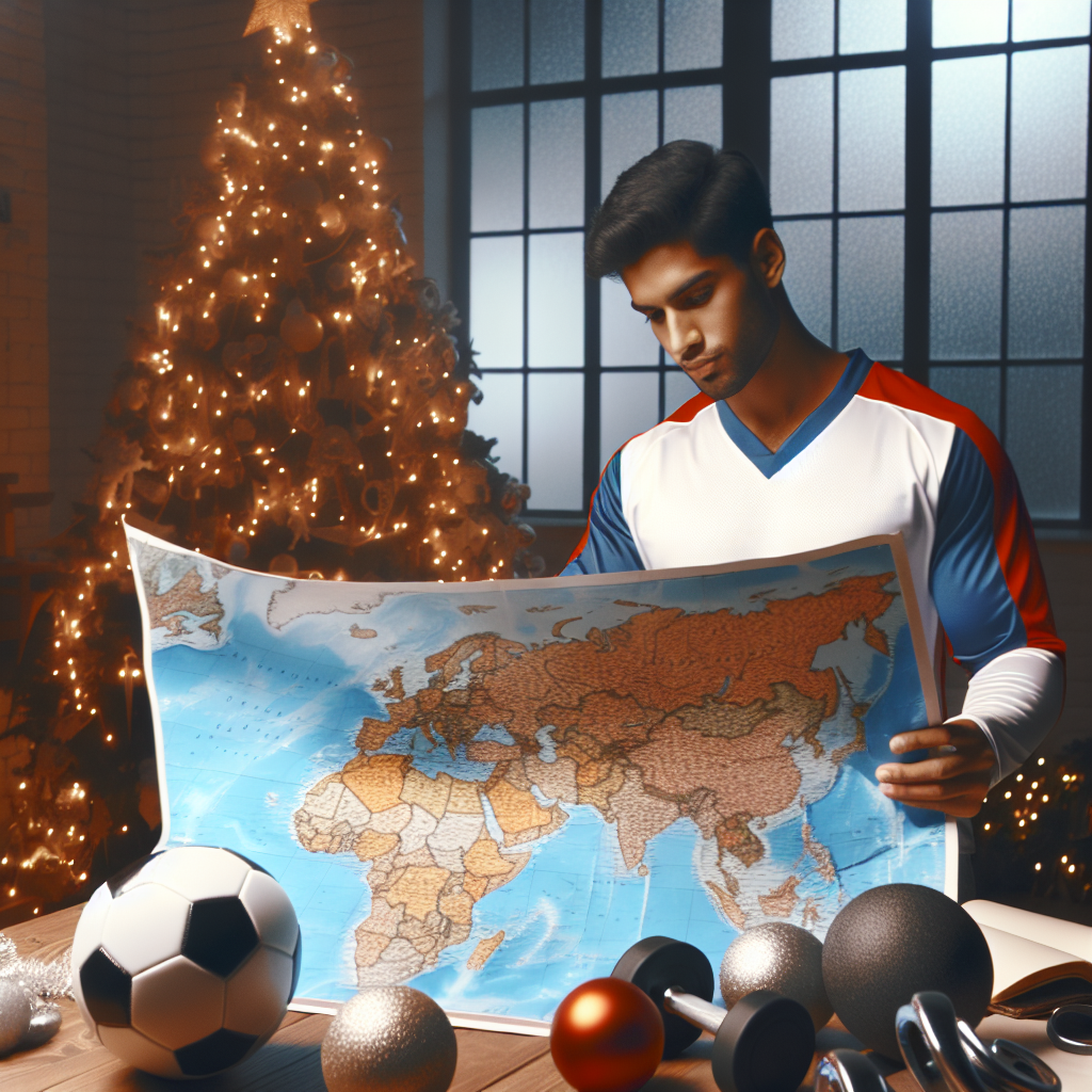 Photo of a holiday setting where a person wearing a football jersey is planning travels on a world map, with a Christmas tree adorned with fitness equipment in the background.
Generated with these interests: Fitness, Travel, and Football.
Made with ❤️ by AI.