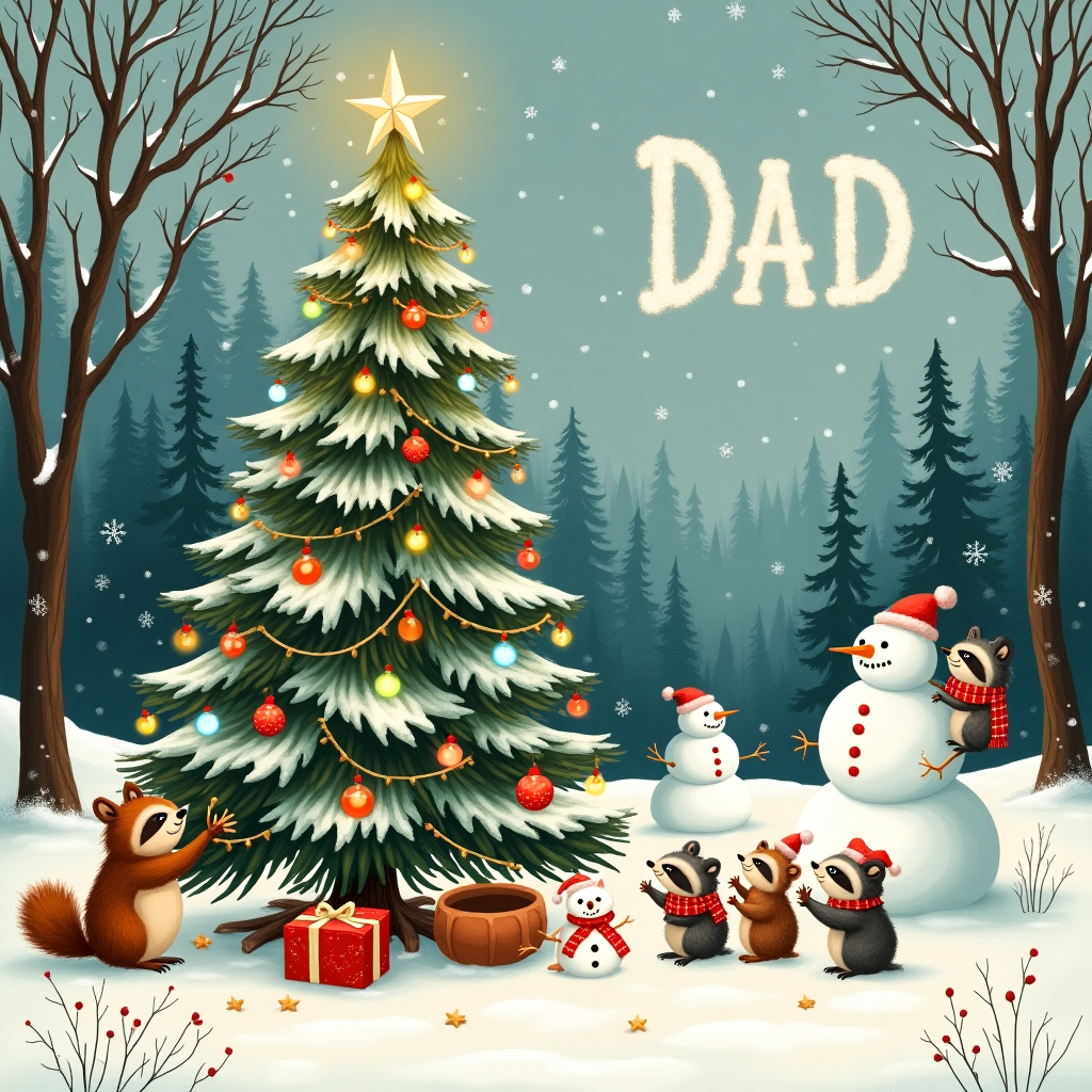 In this whimsical winter wonderland scene, imagine a bustling snow-covered forest, where a cluster of chubby, cartoonish woodland creatures are merrily decorating a towering Christmas tree. The tree is adorned with oversized, colorful baubles, twinkling fairy lights, and strings of popcorn and cranberries, reminiscent of a scene from a Norman Rockwell painting but with a playful twist. At the foot of the tree, a cheeky squirrel dressed in a tiny Santa hat is struggling to drag a large acorn wrapped like a present. A pair of raccoons, with scarves knitted by an unseen hand, are attempting to place a shining star at the top, one standing on the other's shoulders, looking straight out of a Maurice Sendak illustration. 

Nearby, a little family of hedgehogs, bundled in mismatched winter gear, are crafting snowmen that look suspiciously like themselves, complete with stick arms and pebble smiles. The background features swirling snowflakes, drawn with intricate, almost Beardsley-like detail, creating a captivating backdrop. High above, in the overcast sky, the word "DAD" is cleverly spelled out in the wispy clouds, giving a nod to Quentin Blake's knack for incorporating text into his whimsical art. The forest in the distance is dotted with Edward Gorey-style skeletal trees, their branches forming intricate lace-like patterns against the white snow. This delightful scene captures a quirky, animated essence, telling a joyful Christmas tale with an imaginative charm.
Generated with these themes: Christmas tree in the snow.
Made with ❤️ by AI.