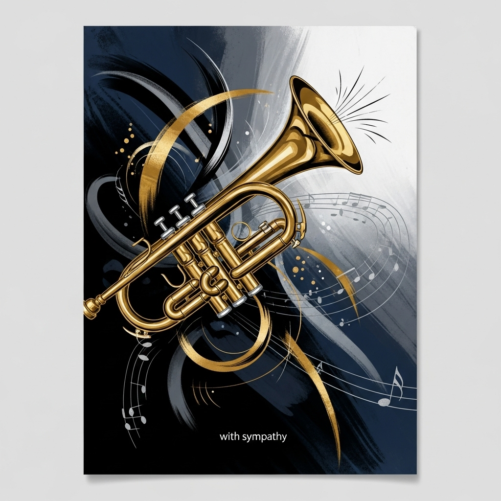At the bottom of the Abstract Style image, with sympathy

A bold, modern expressive abstract composition inspired by a brass band B-flat cornet: interlocking geometric loops and fluid curves suggesting the cornet’s coiled tubing, a soft crescent flare for the bell, and three small circular nodes implying the valve tops. Palette: deep midnight blue and charcoal black field with luminous burnished brass-gold strokes, accented by slate gray and pearl silver—high-contrast yet restrained for a sincere, hushed tone. Dynamic brush-stroke textures with sweeping gestural marks, subtle dry-brush scratches, and hints of metallic sheen that catch light like polished brass. Gentle, downward-flowing arcs and tapered staff-line motifs drift across the composition, dissolving into misty gradients; faint waveforms radiate briefly from the bell crescent, then fade into quiet negative space. Place the single line “with sympathy” small and unobtrusive at the bottom center in a soft silver, lowercase, lightly letterspaced sans serif, ensuring it rests calmly within the composition. No other text. Soft vignette edges, delicate paper grain, no figures—just abstracted cornet forms and serene motion, conveying dignity, warmth, and solace. Portrait orientation, high resolution.
Generated with these themes: Brass Band B flat Cornet, and .
Made with ❤️ by AI.