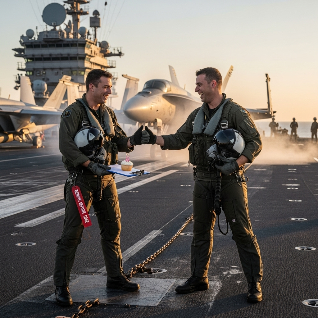 Two fighter pilots on an aircraft carrier, and Birthday Card