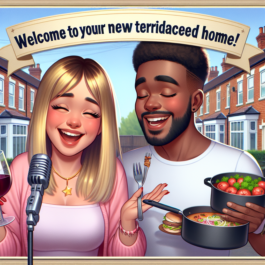 Welcome to your new terraced home in Watford, London, that you've just finished renovating before baby's arrival!, Mum has fair, straight hair and is a singer+songwriter, and Dad has dark brown hair and stubble and enjoys making tasty food and a good red wine New-baby Card