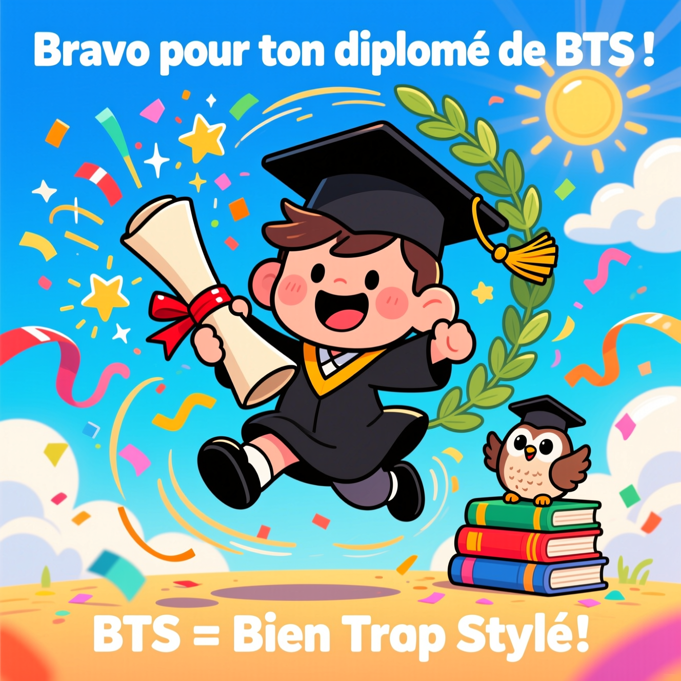 At the top of the Cartoon Style image, "Bravo pour ton diplôme de BTS !"

At the bottom of the image, "BTS = Bien Trop Stylé !"

Center scene: A super-cute, chibi graduate springs into the air with a huge grin, wearing an oversized mortarboard with a swooshing tassel. They clutch an extra-large diploma scroll tied with a shiny red ribbon. Exaggerated proportions, thick black outlines, and bright, saturated colors. Confetti bursts, star sparkles, and curly streamers explode around them in a whirlwind. A playful laurel wreath spirals behind, and a tiny owl sidekick in a mini cap cheers from a stack of colorful textbooks below. Background: bold sky-blue gradient with bubbly clouds and sunburst rays. Add dynamic motion lines, bouncy shadows, and glossy highlights to amplify the whimsical, energetic vibe.
Generated with these themes: Diplome, and .
Made with ❤️ by AI.