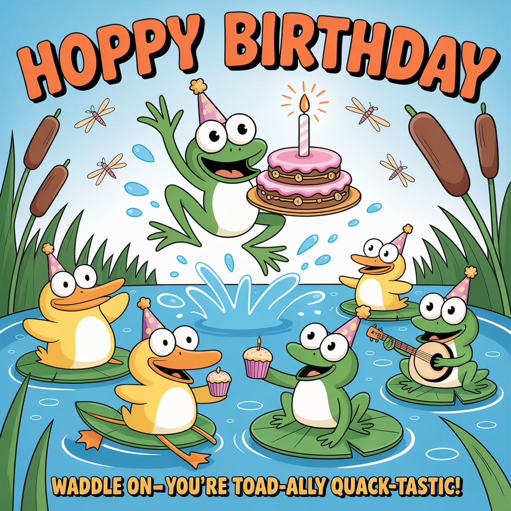 Ducks, Frogs, Pond, , and Birthday Card